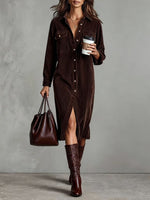 Turn-Down Collar Buttons Chic Casual Dress, Women Spring Autumn Solid Simple Party Dress, Long Sleeve Holiday Ladies Dress