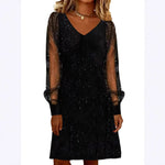 Elegant Women Dress V Neck Shiny And Glowing Mesh Sleeve Mini Dresses For Women Autumn Winter Party Dress Black Evening Dress