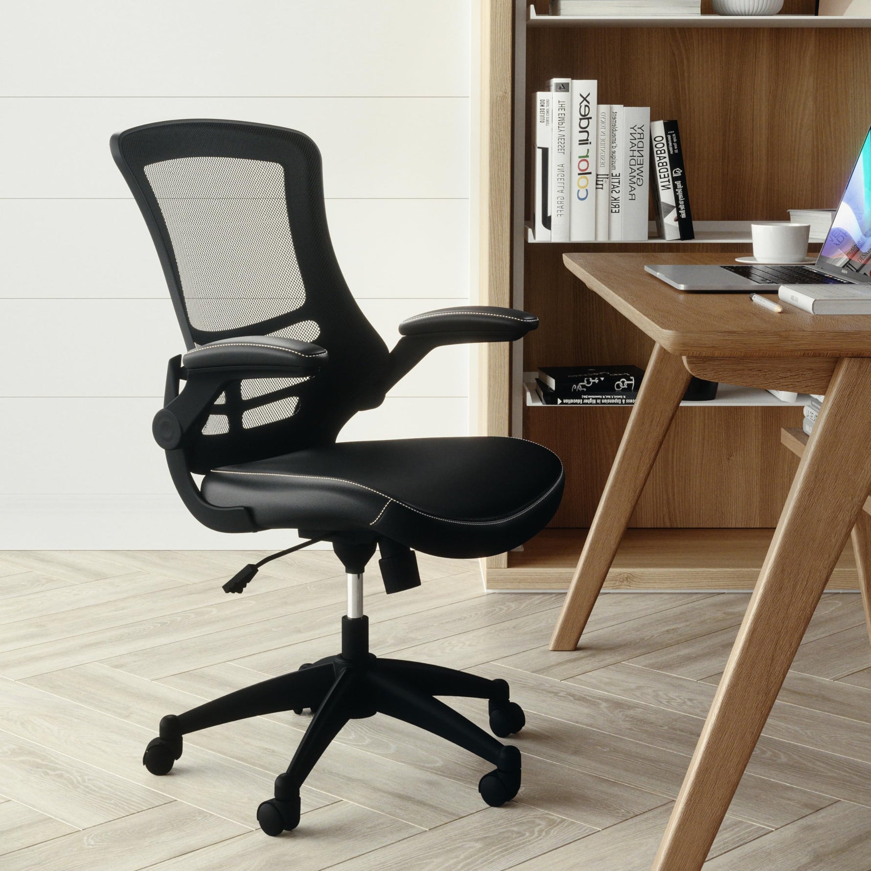 Flash Furniture Kelista Mid-Back Swivel Office Chair with Adjustable Seat Height, Ergonomic Mesh Desk Chair with Flip-Up Armrests, Black