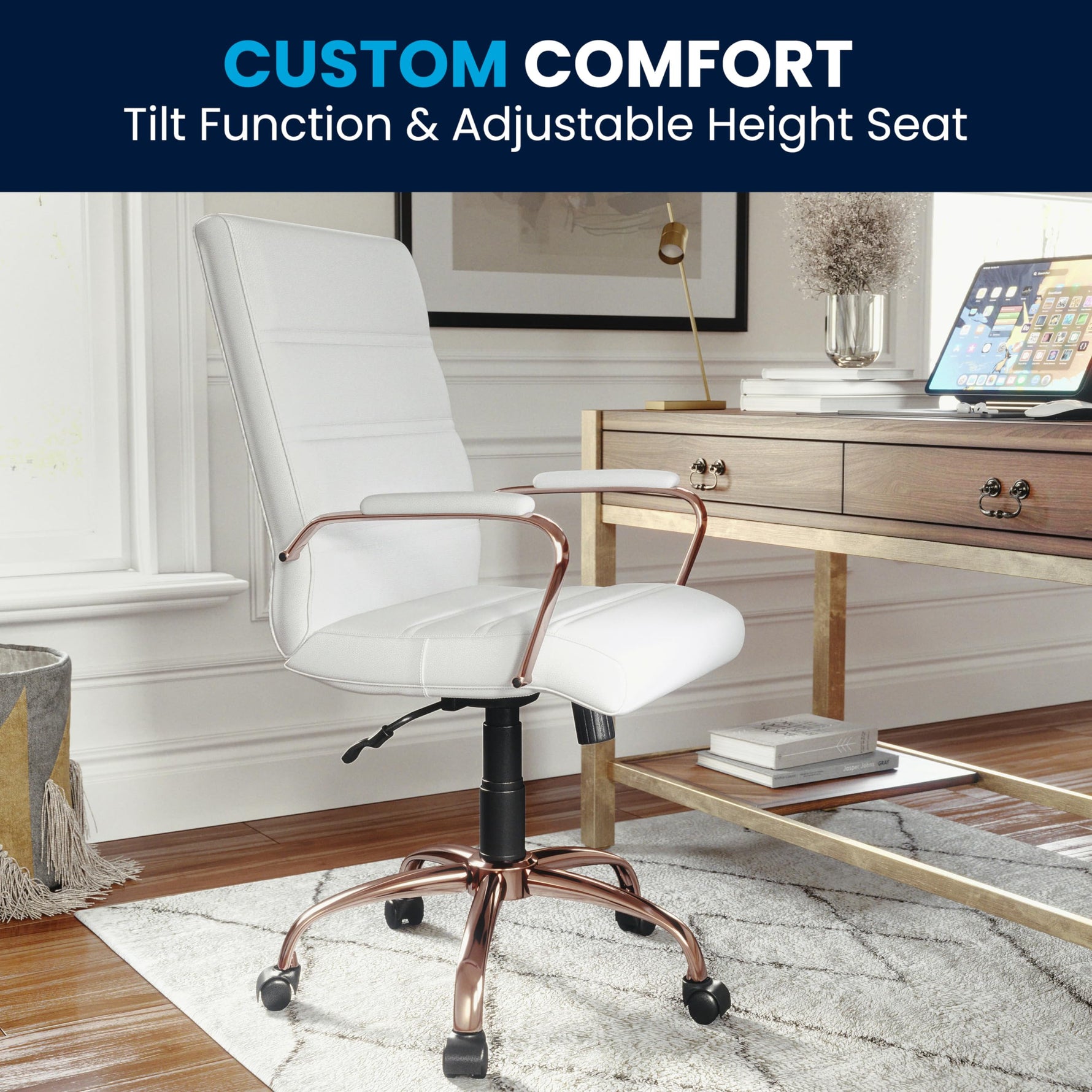 Flash Furniture Whitney Mid-Back Swivel LeatherSoft Desk Chair with Wheels, Padded Seat and Armrests, Adjustable Height Padded Office Chair, Black