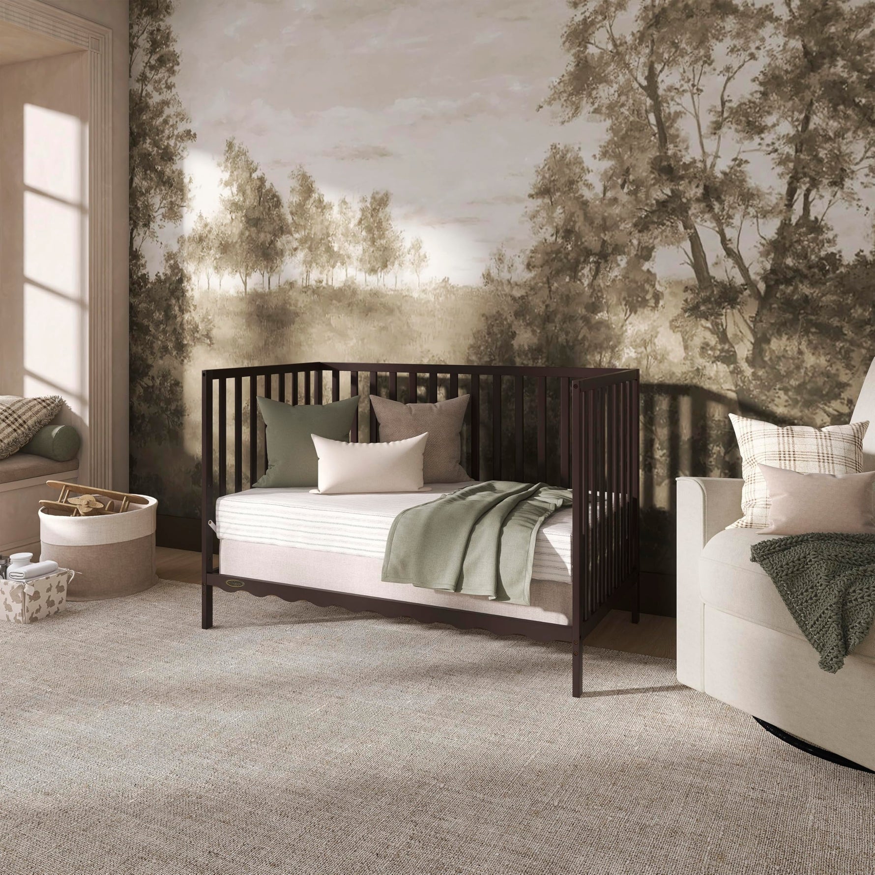 Dream On Me Synergy 5-in-1 Convertible Full-Size Baby Crib with Toddler, Day & Full Bed Conversion in White, GreenGuard Gold & BSA, 3 Mattress Heights, Sustainable Pinewood