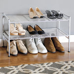 3-Tier Stackable 1" Slat Steel Frame Shoe Rack, 27.25"W x 12.75"D, Espresso | Interlocking modular design maximizes storage while the sturdy steel frame holds up to 12 pairs of shoes (Patented Design)