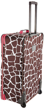 Rockland Vara Softside 3 Piece Upright Luggage Set, Expandable, (20"/28"/22" Rolling Duffel), Pink Leopard