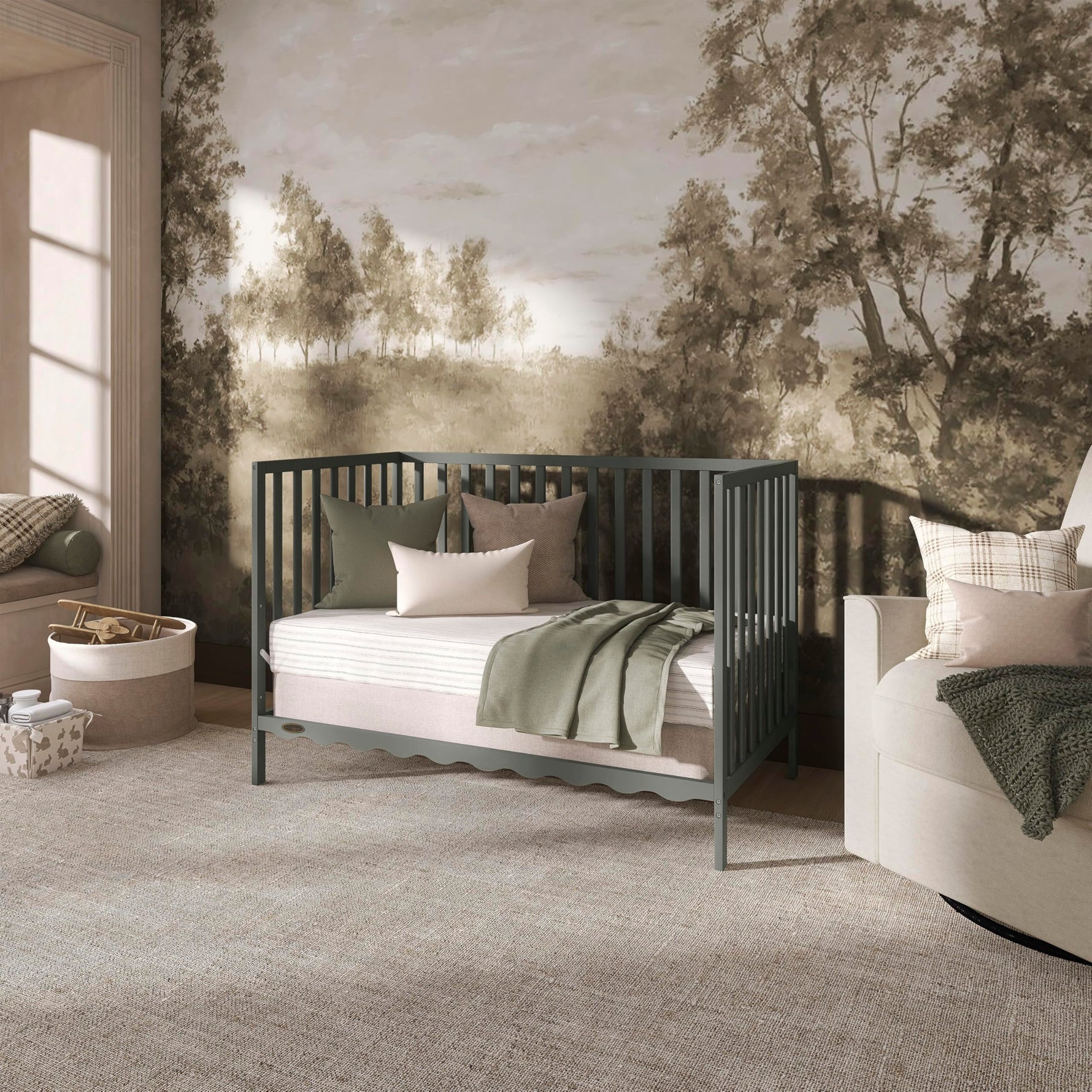 Dream On Me Synergy 5-in-1 Convertible Full-Size Baby Crib with Toddler, Day & Full Bed Conversion in White, GreenGuard Gold & BSA, 3 Mattress Heights, Sustainable Pinewood