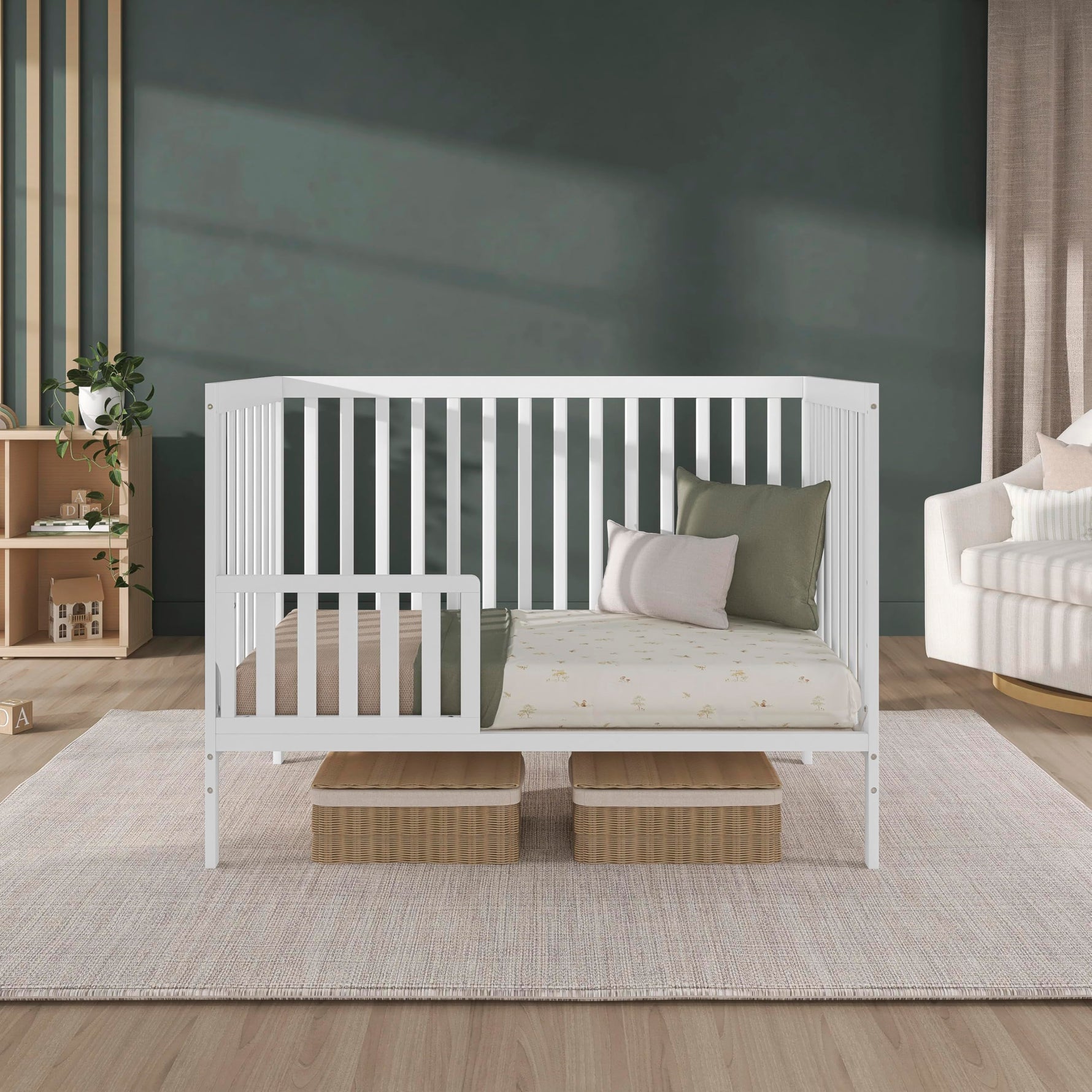 Dream On Me Synergy 5-in-1 Convertible Full-Size Baby Crib with Toddler, Day & Full Bed Conversion in White, GreenGuard Gold & BSA, 3 Mattress Heights, Sustainable Pinewood