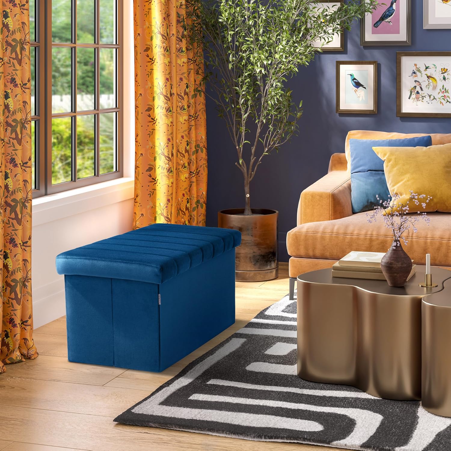 Seville Classics Cushioned Fabric Ottoman Hidden Storage Chest Footrest Chair, Padded Seat for Bedroom, Dorm, Loft, Living Room, Entryway, Hallway, Blue Velvet, 30" Bench
