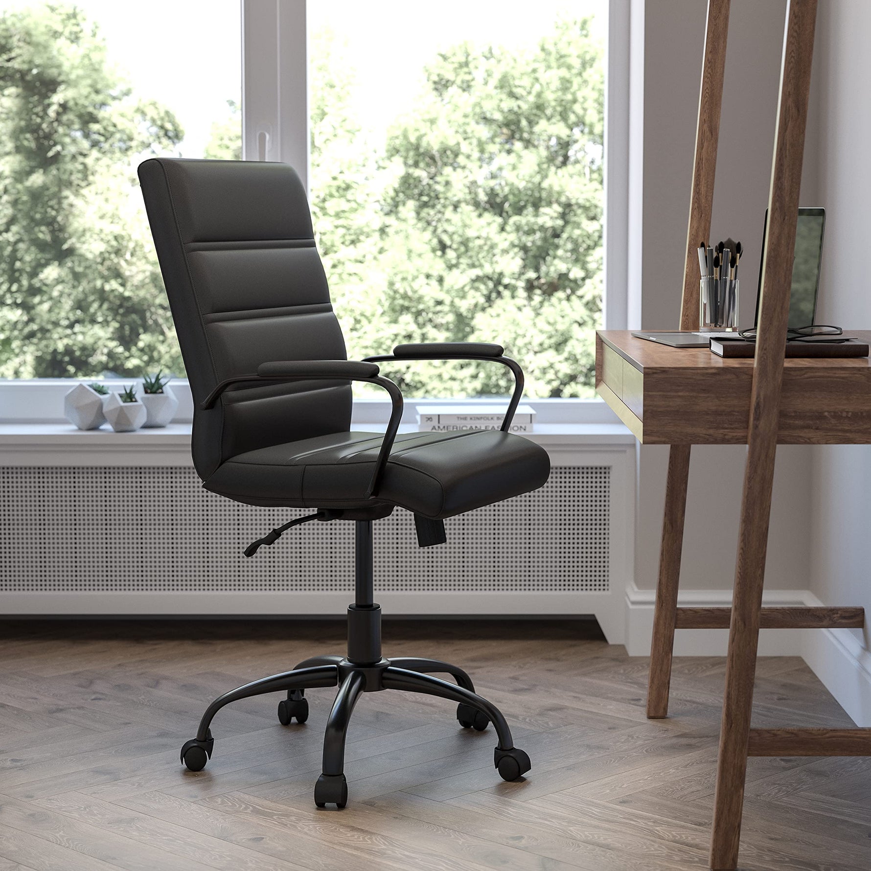 Flash Furniture Whitney Mid-Back Swivel LeatherSoft Desk Chair with Wheels, Padded Seat and Armrests, Adjustable Height Padded Office Chair, Black