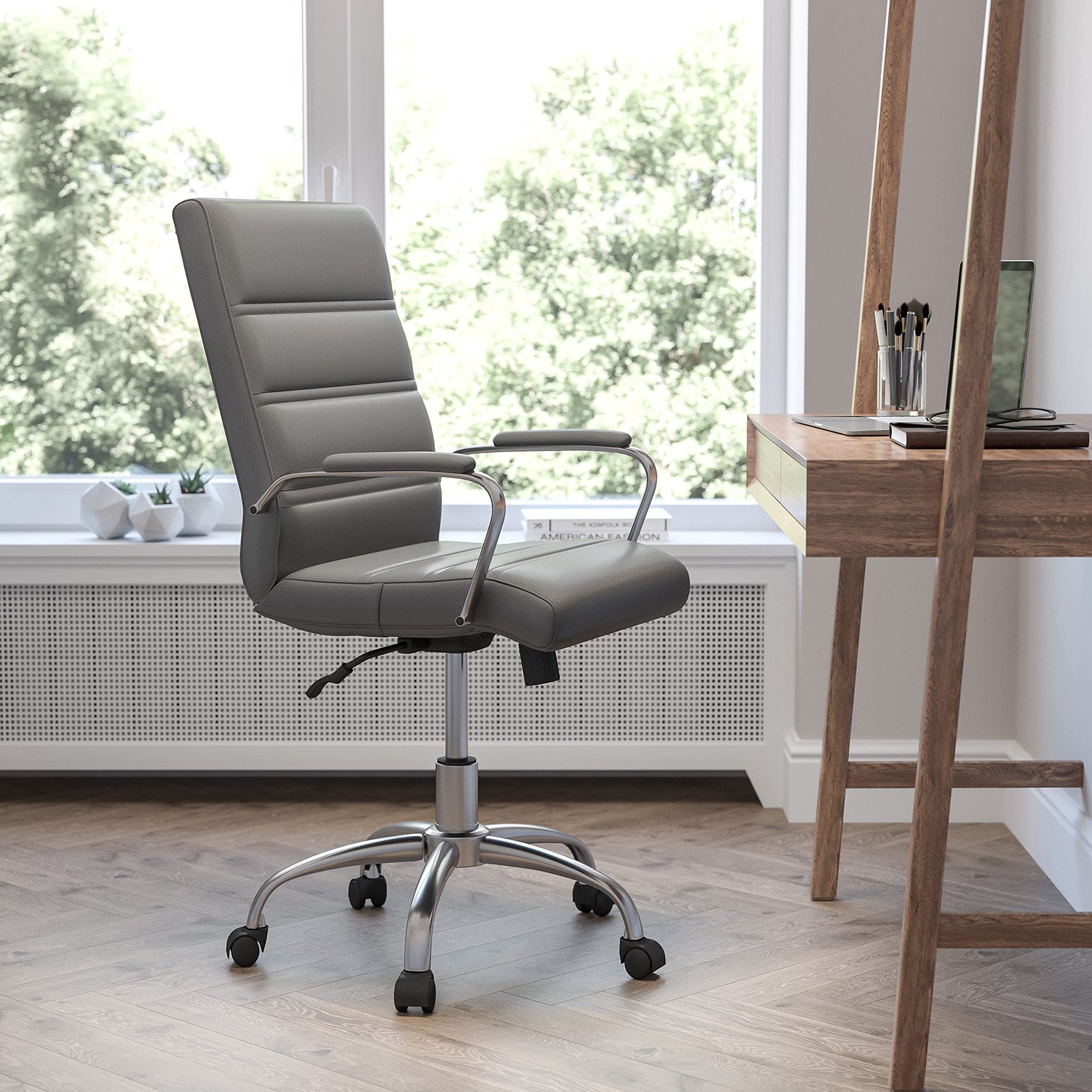 Flash Furniture Whitney Mid-Back Swivel LeatherSoft Desk Chair with Wheels, Padded Seat and Armrests, Adjustable Height Padded Office Chair, Black