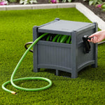 Suncast Garden Hose Hideaway Storage Reel Box, Cyberspace Grey – Resin Outdoor Container, Holds up to 100 Feet of 5/8 Inch Standard Vinyl Water Line – No Assembly Required