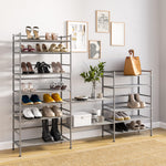 3-Tier Stackable 1" Slat Steel Frame Shoe Rack, 27.25"W x 12.75"D, Espresso | Interlocking modular design maximizes storage while the sturdy steel frame holds up to 12 pairs of shoes (Patented Design)