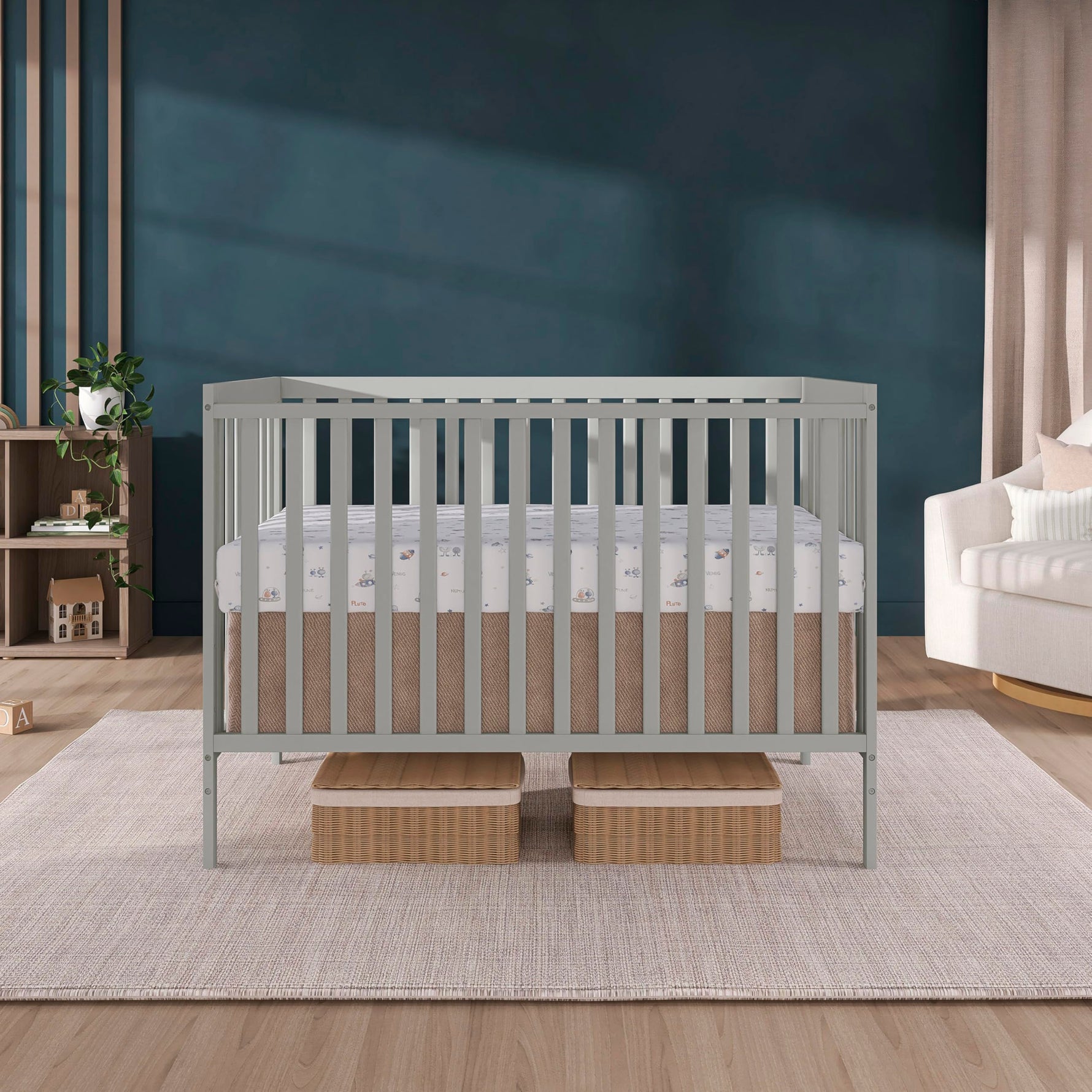 Dream On Me Synergy 5-in-1 Convertible Full-Size Baby Crib with Toddler, Day & Full Bed Conversion in White, GreenGuard Gold & BSA, 3 Mattress Heights, Sustainable Pinewood