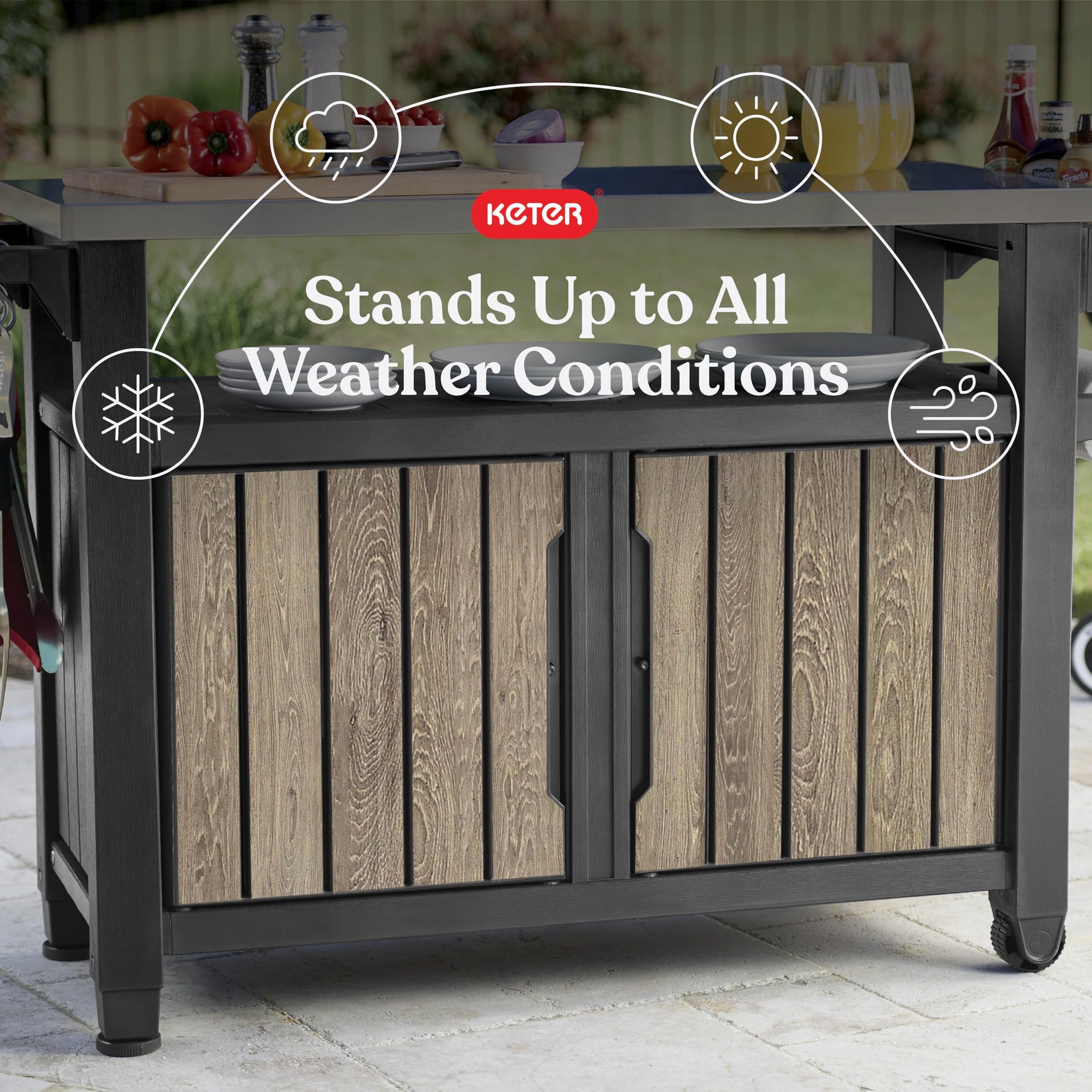 Keter Unity XL Portable Outdoor Table with Stainless Steel Top for Kitchen Prep and Outdoor Storage Cabinet for Grilling Accessories, Dark Grey