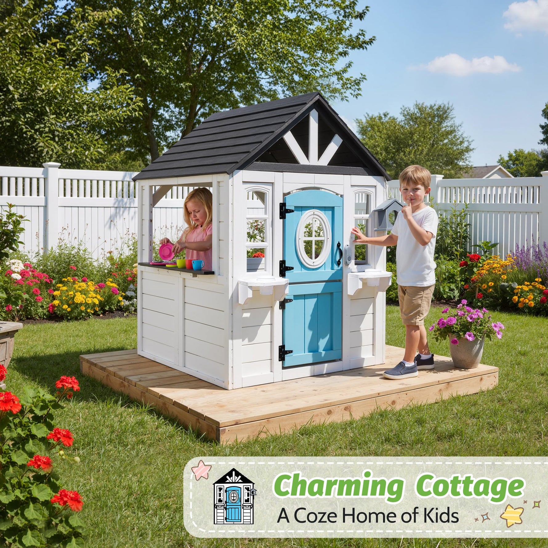 BTMWAY Kids Playhouse Outdoor,Cedar Wooden Play House for Kids Ages 3-8,with Dutch Door, Play Kitchen, Interactive Doorbell, Sink, Flowerpot, Birdcage