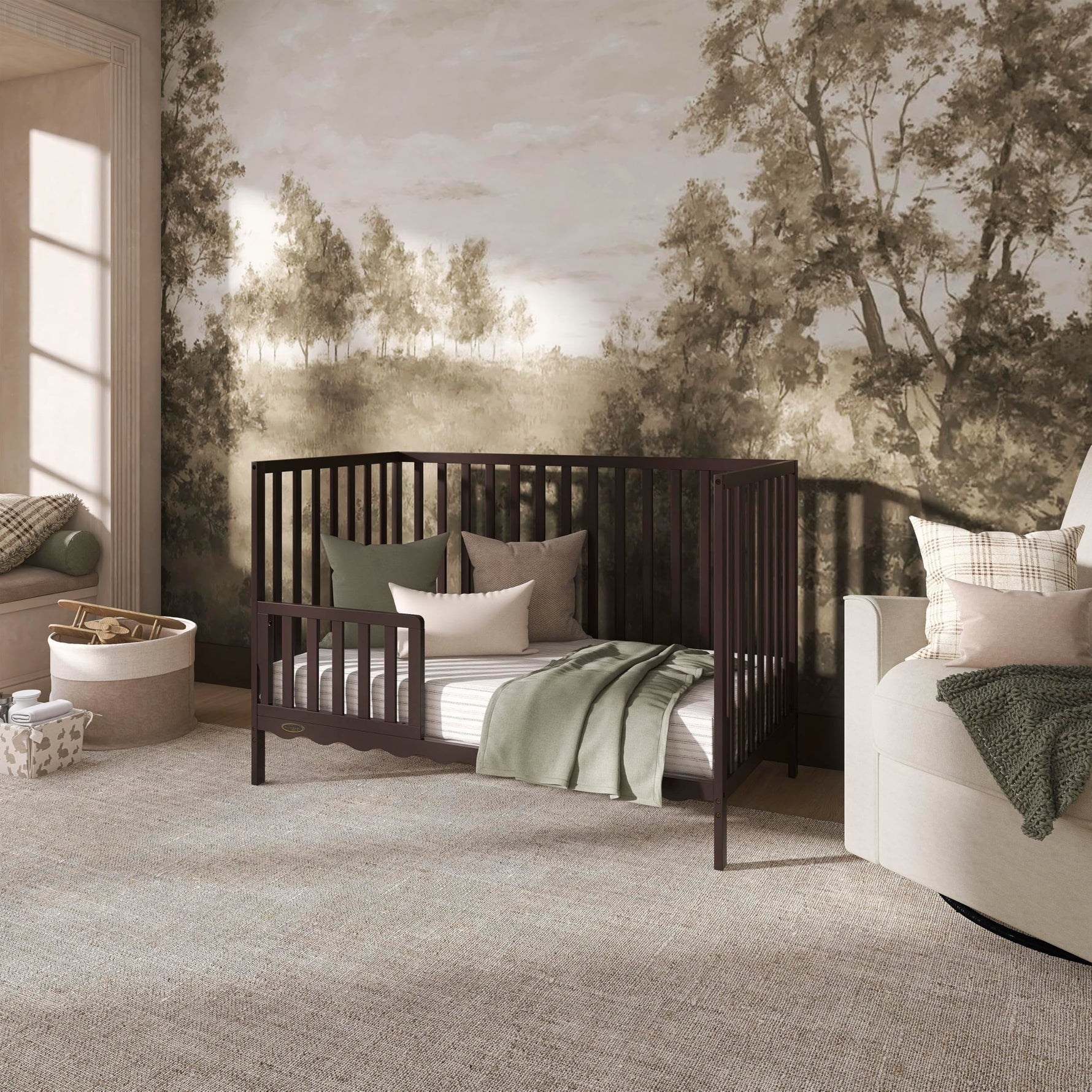 Dream On Me Synergy 5-in-1 Convertible Full-Size Baby Crib with Toddler, Day & Full Bed Conversion in White, GreenGuard Gold & BSA, 3 Mattress Heights, Sustainable Pinewood