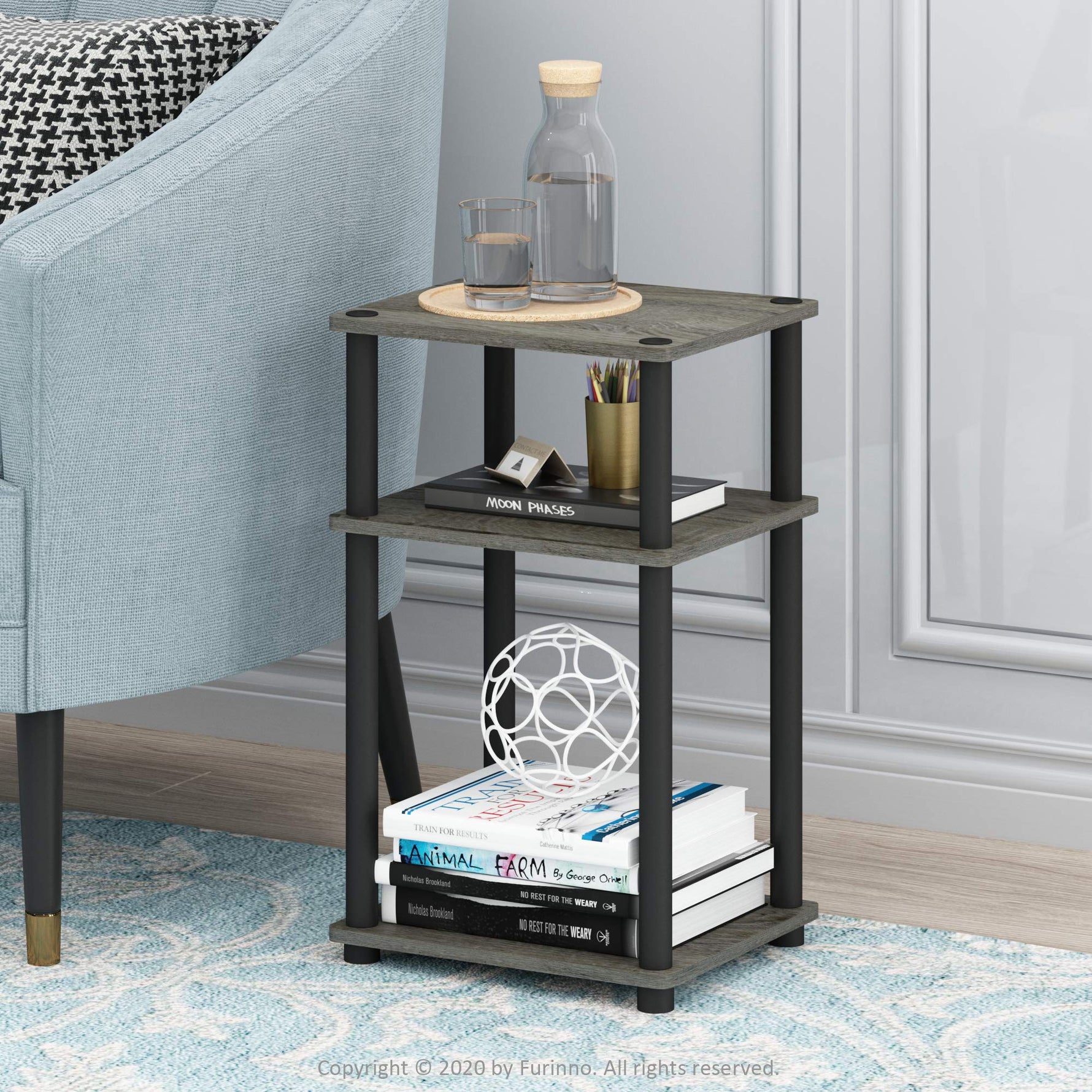 Furinno JUST Side Table, 3-Tier End Table, Open Shelves Night Stand, Bedside Table, Toolless Assembly, for Living Room, Bedroom, Bathroom, Columbia Walnut