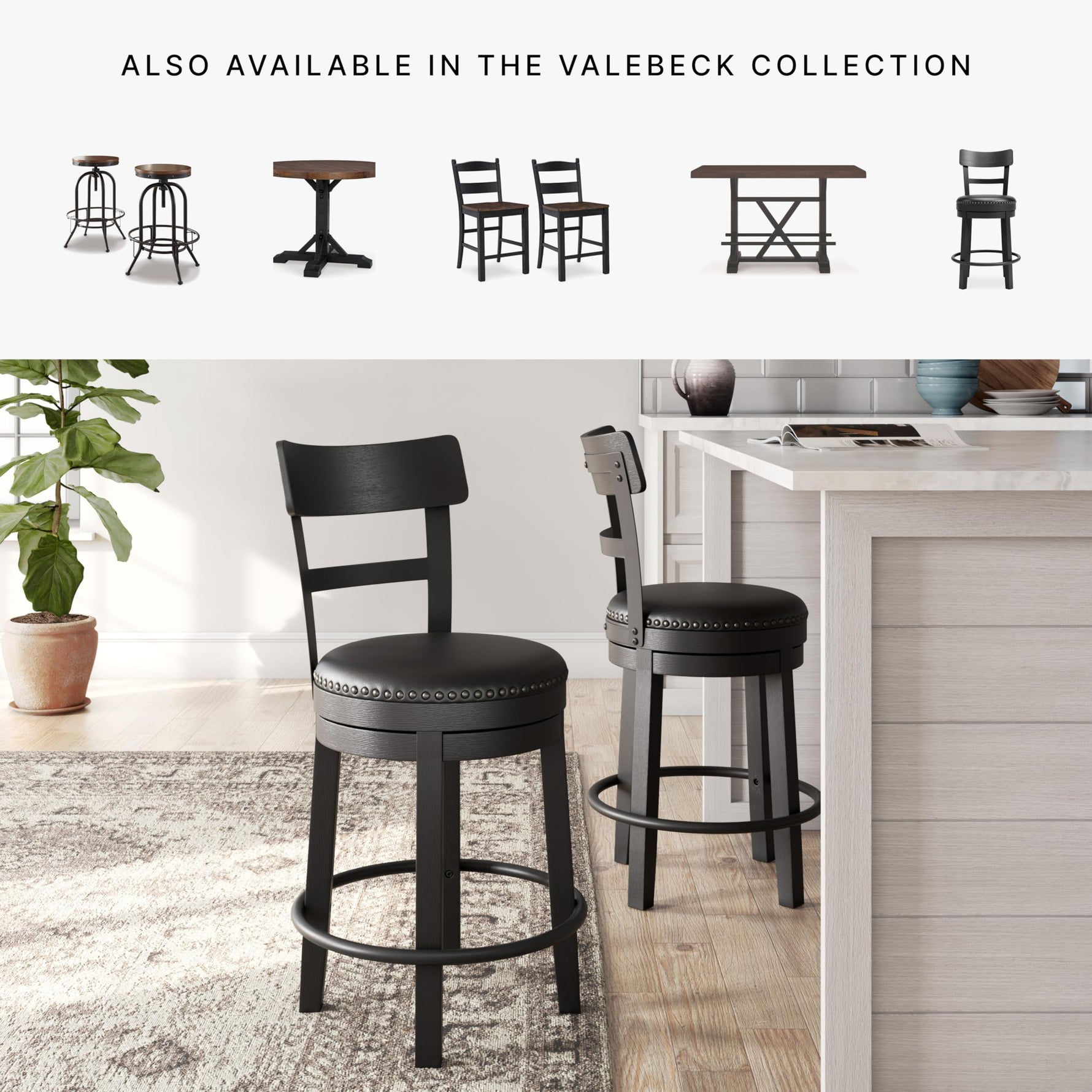 Signature Design by Ashley Valebeck Upholstered Swivel Stool, Cushioned Seat, Woven Fabric Upholstery, Wood, 24" H, Brown & Black