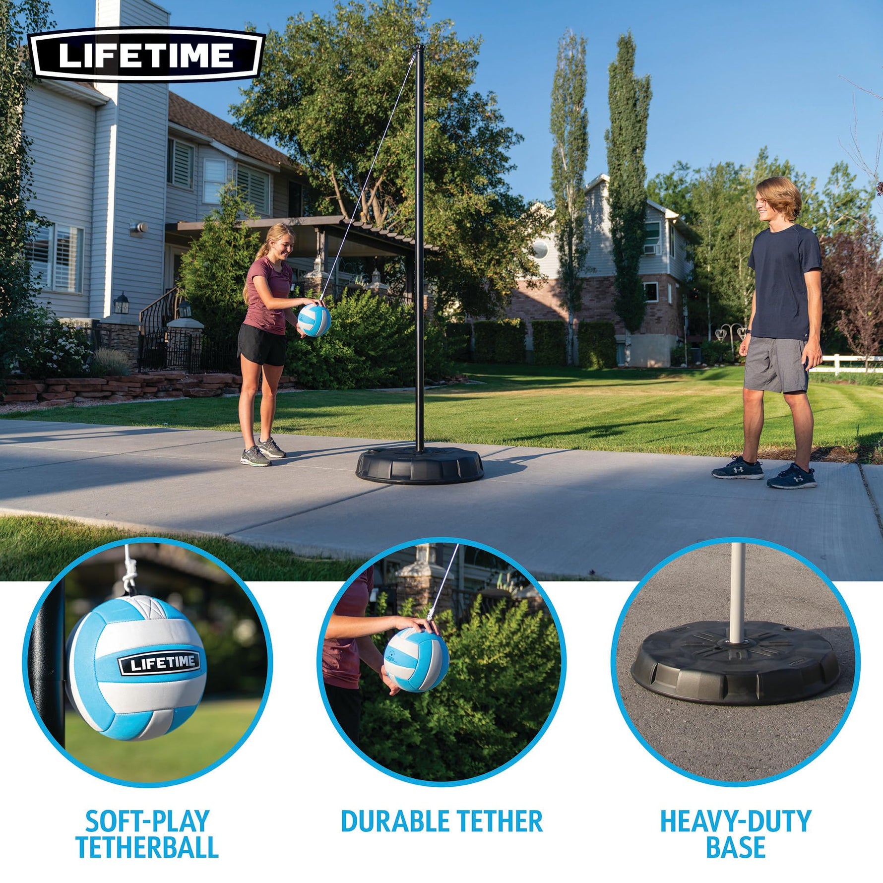 Lifetime Portable Tetherball System, 8" Softplay Ball, Heavy‑Duty Base, Powder‑Coated Steel Pole, 72" Nylon Cord, Stabilizers for Aggressive Play, Outdoor Backyard Game for All Ages