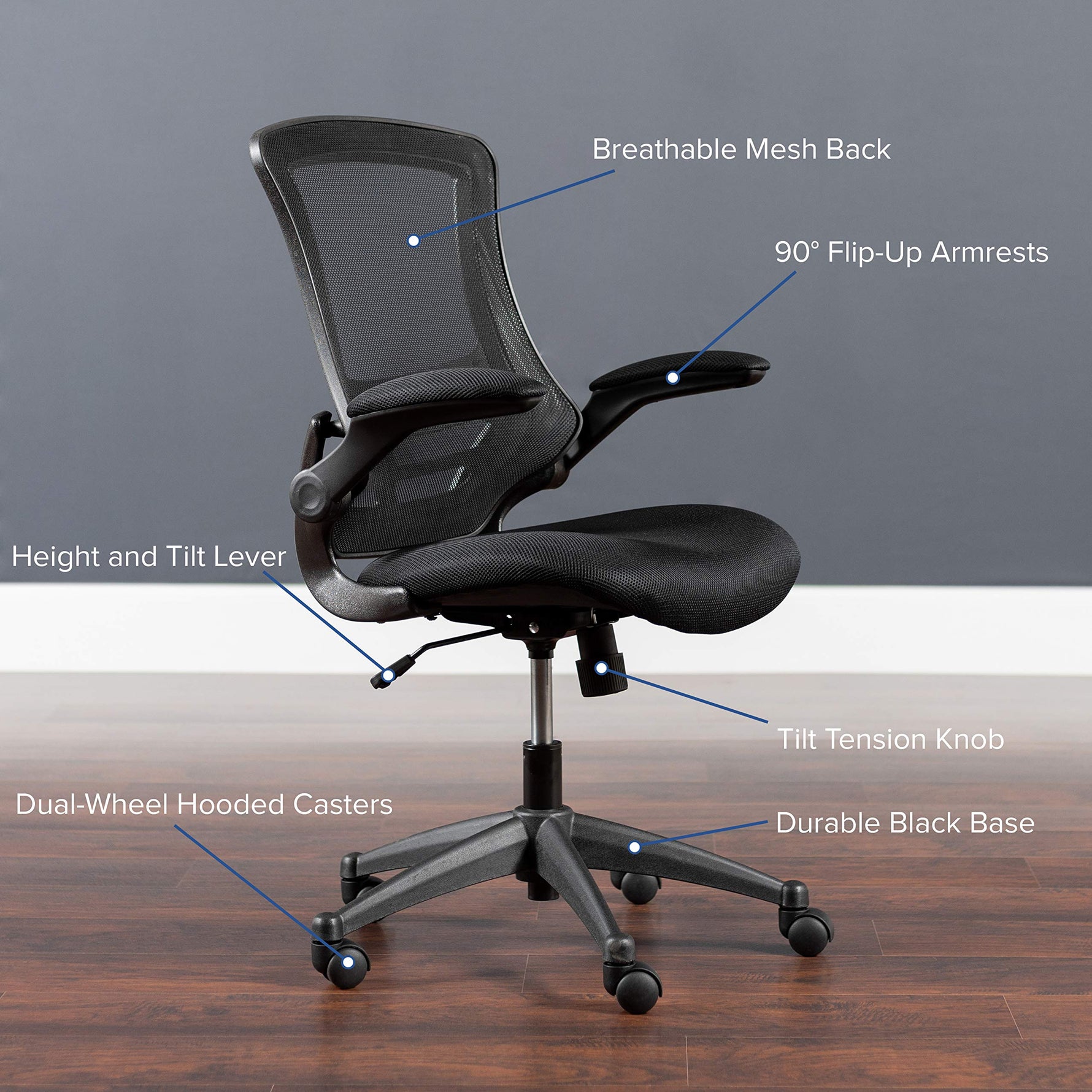 Flash Furniture Kelista Mid-Back Swivel Office Chair with Adjustable Seat Height, Ergonomic Mesh Desk Chair with Flip-Up Armrests, Black