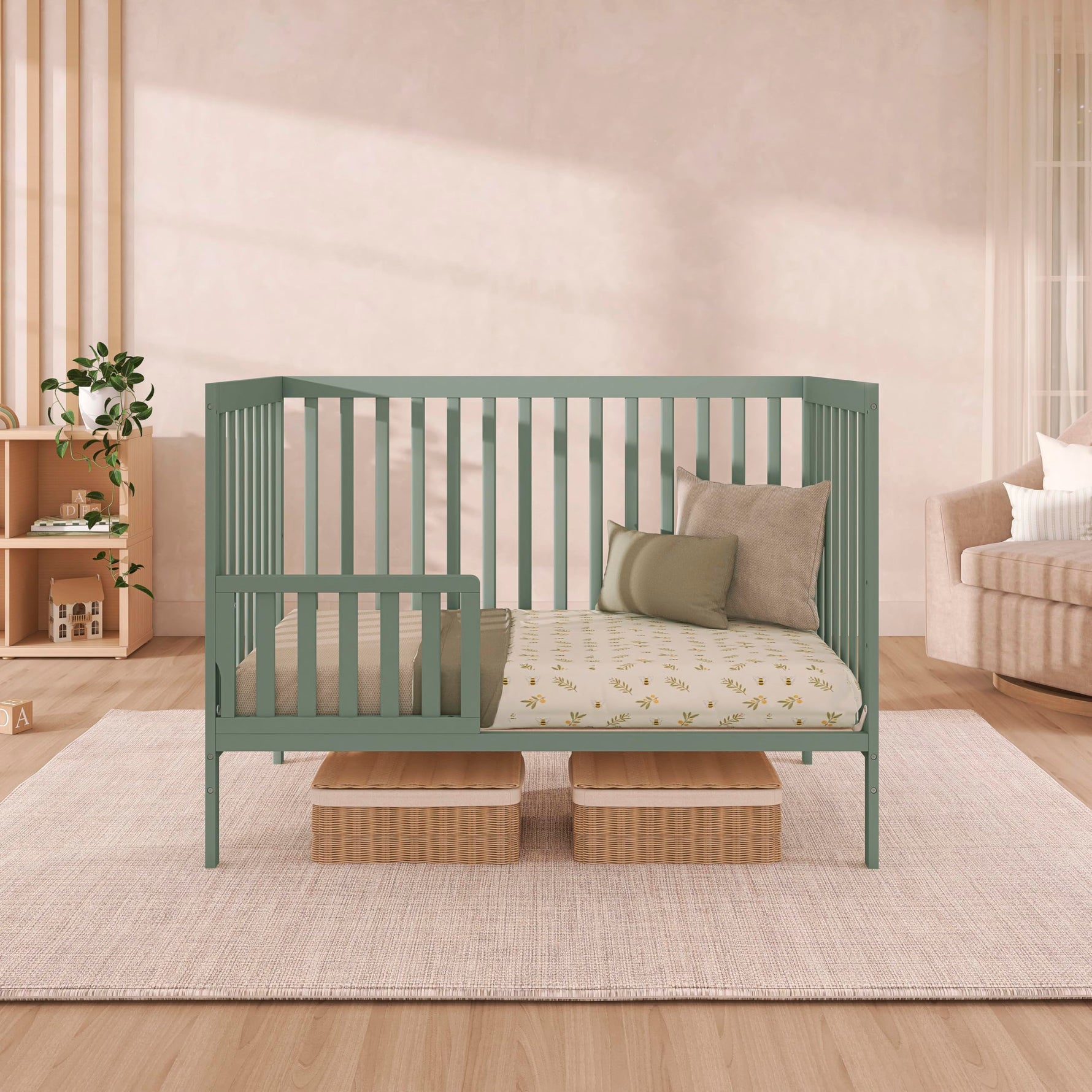 Dream On Me Synergy 5-in-1 Convertible Full-Size Baby Crib with Toddler, Day & Full Bed Conversion in White, GreenGuard Gold & BSA, 3 Mattress Heights, Sustainable Pinewood