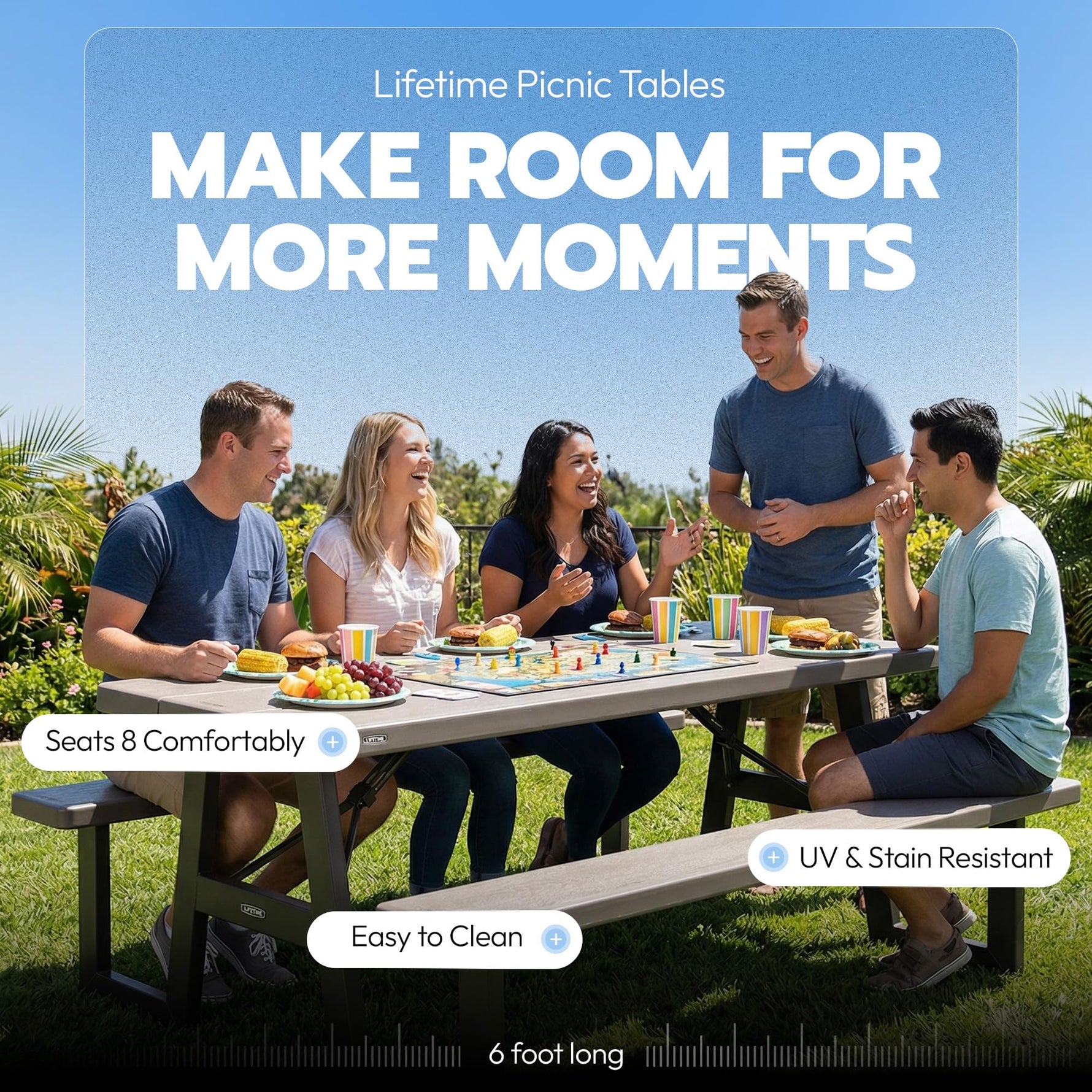 LIFETIME 6-Foot Folding Picnic Table with Benches, Seats 8, Heavy-Duty HDPE Tabletop, Steel Frame, Weather & UV Resistant Outdoor Picnic Table with Umbrella Hole