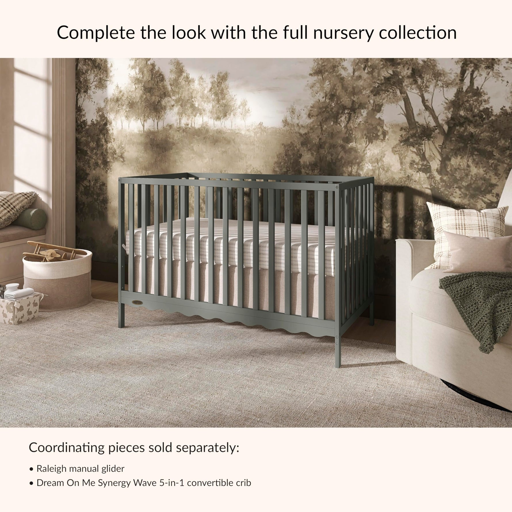 Dream On Me Synergy 5-in-1 Convertible Full-Size Baby Crib with Toddler, Day & Full Bed Conversion in White, GreenGuard Gold & BSA, 3 Mattress Heights, Sustainable Pinewood