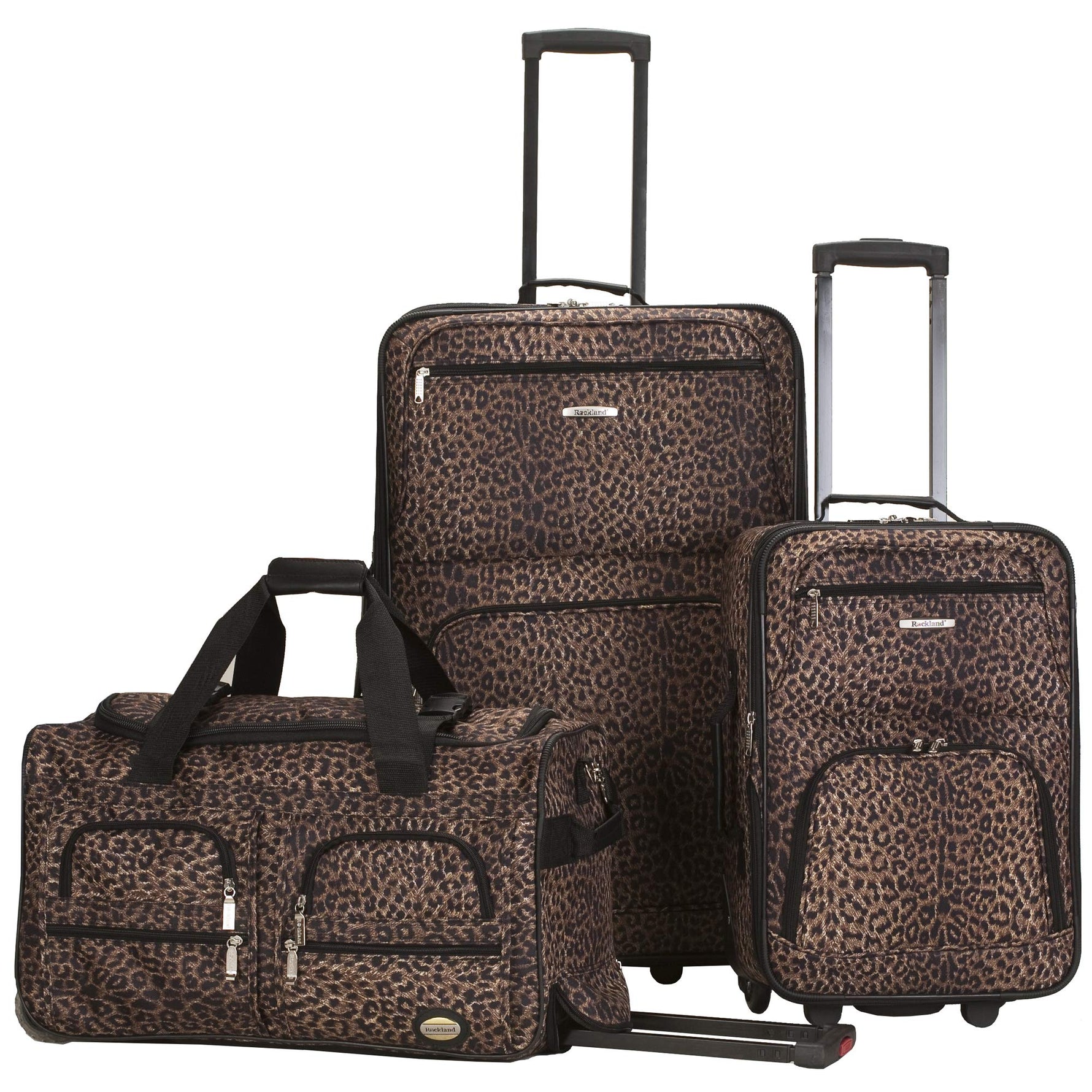 Rockland Vara Softside 3 Piece Upright Luggage Set, Expandable, (20"/28"/22" Rolling Duffel), Pink Leopard
