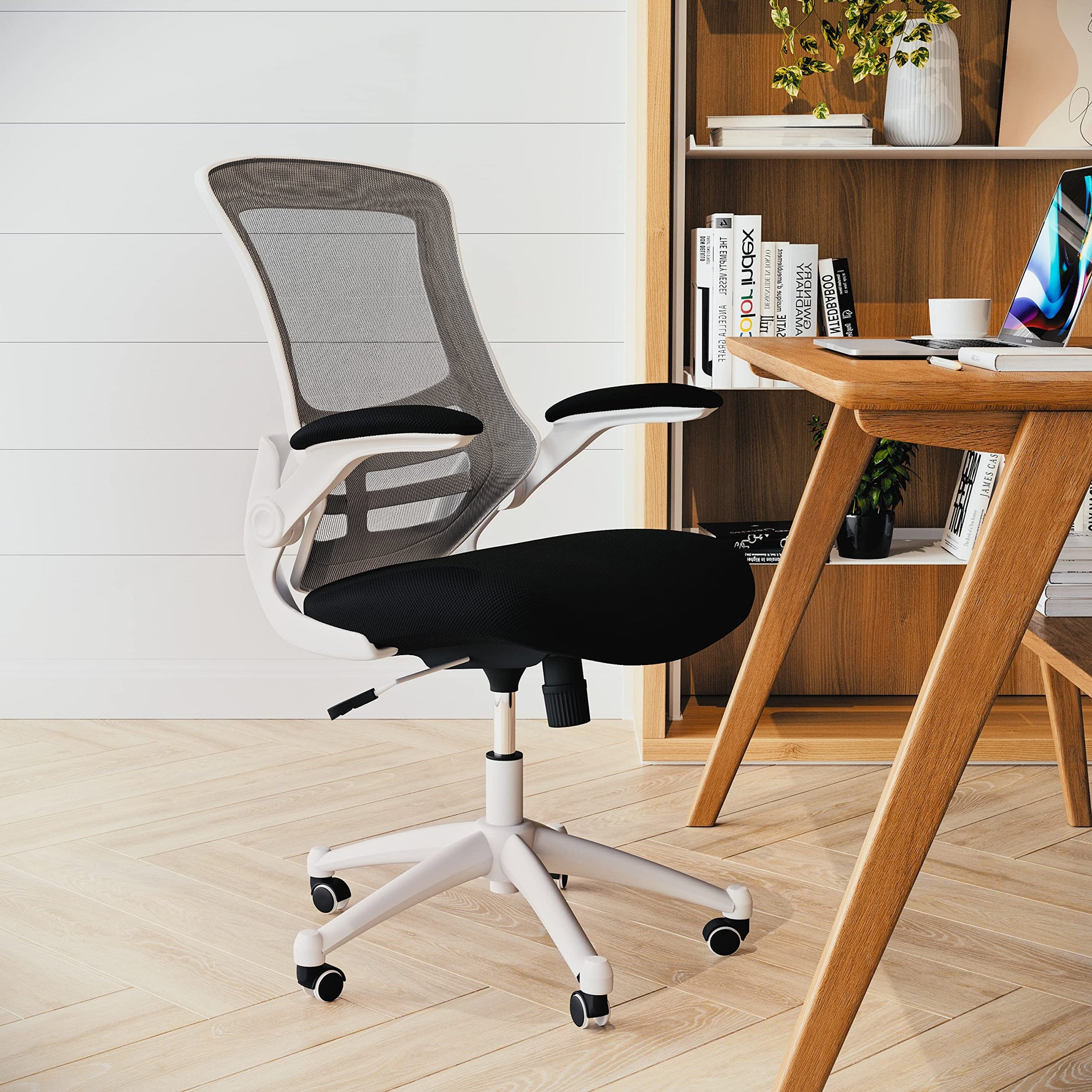 Flash Furniture Kelista Mid-Back Swivel Office Chair with Adjustable Seat Height, Ergonomic Mesh Desk Chair with Flip-Up Armrests, Black