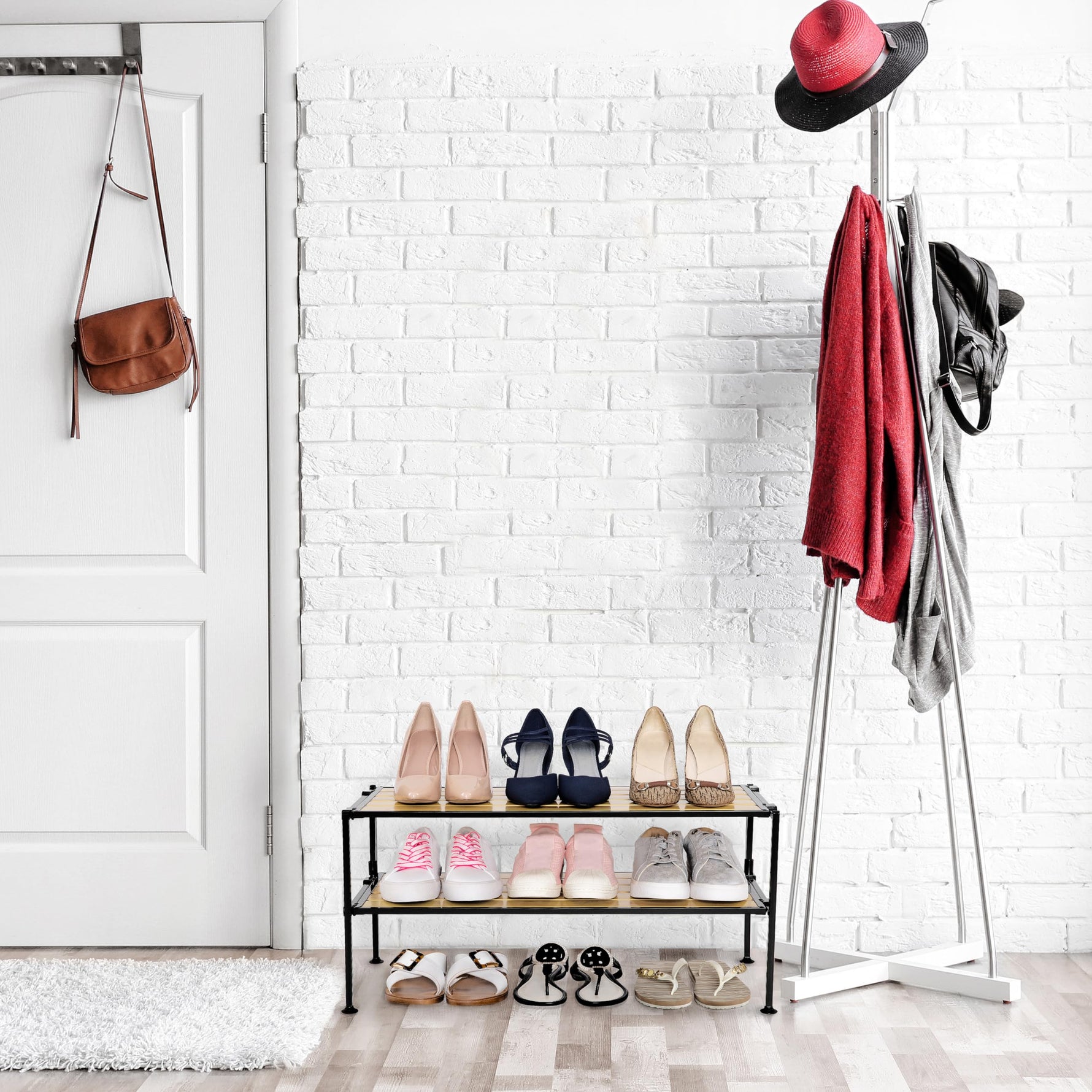 3-Tier Stackable 1" Slat Steel Frame Shoe Rack, 27.25"W x 12.75"D, Espresso | Interlocking modular design maximizes storage while the sturdy steel frame holds up to 12 pairs of shoes (Patented Design)