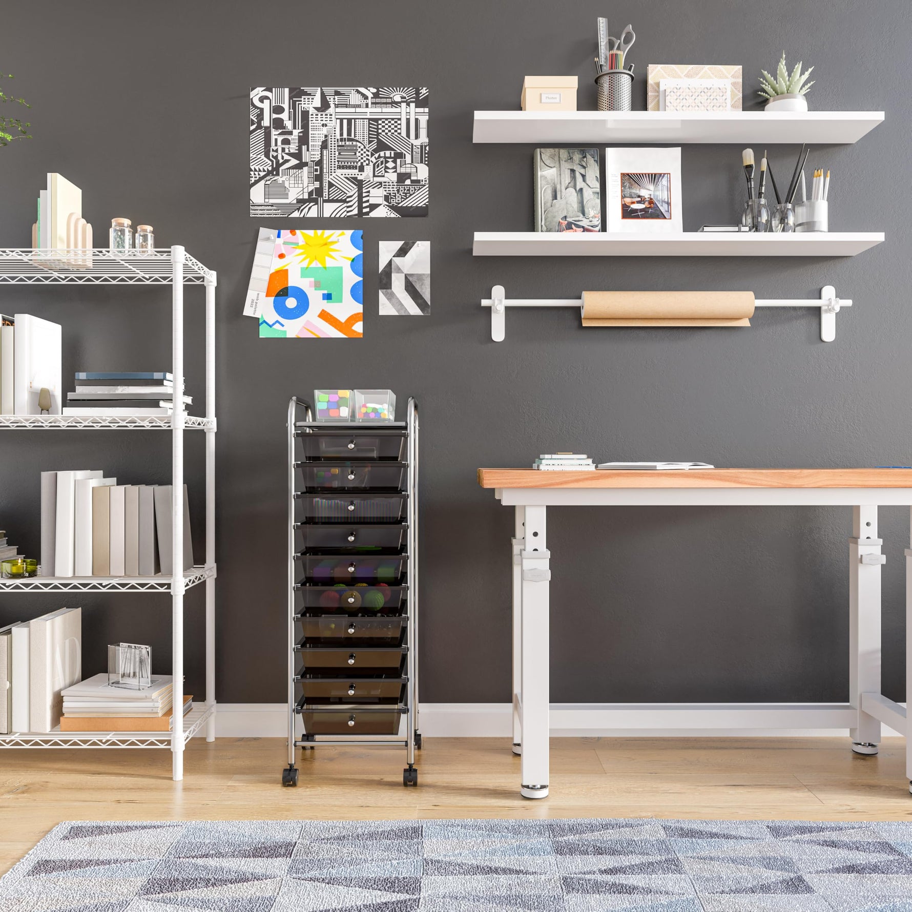 Seville Classics Rolling Utility Organizer Storage Cart , for Home Office, School, Classroom, Scrapbook, Hobby, Craft, 15 Drawer, Black
