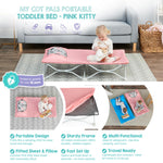 Regalo My Cot® Pals Portable Toddler Bed with Fitted Sheet & Pillow, Foldable Kids Travel Bed & Camping Cot, Cat Design, Ages 2–5, 46.5” x 24” x 9.5”, Pink