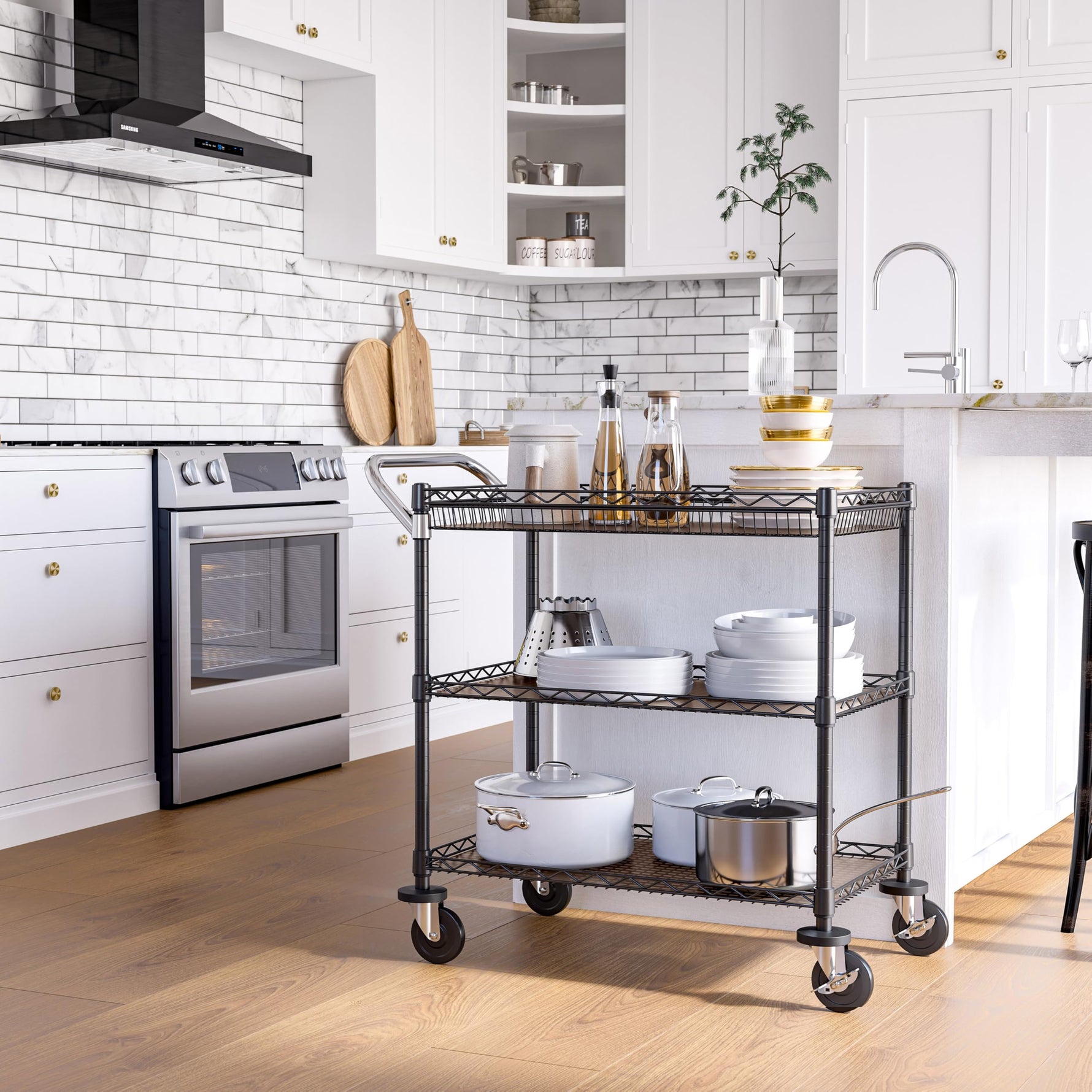 Seville Classics UltraDurable NSF Commercial Heavy Duty Metal Rolling Utility Cart, w/ Steel Shelves, Handle Bar for Restaurant, Garage, Warehouse, Kitchen, Office, Top Shelf (36"W x 18"D)