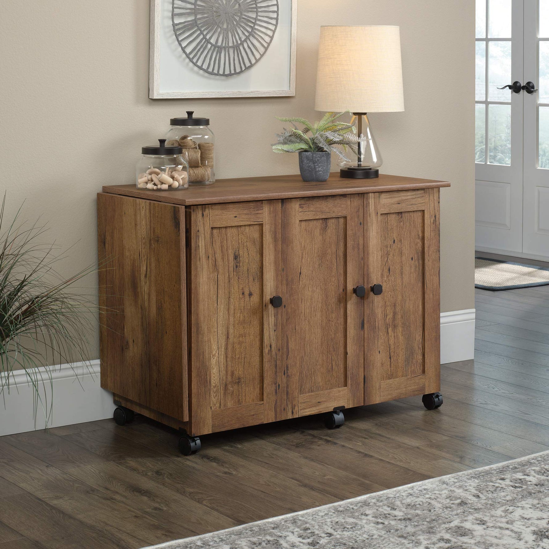 Sauder Miscellaneous Storage Easy Rolling Sewing and Craft Table/Cart/ Pantry cabinets, Cinnamon Cherry finish