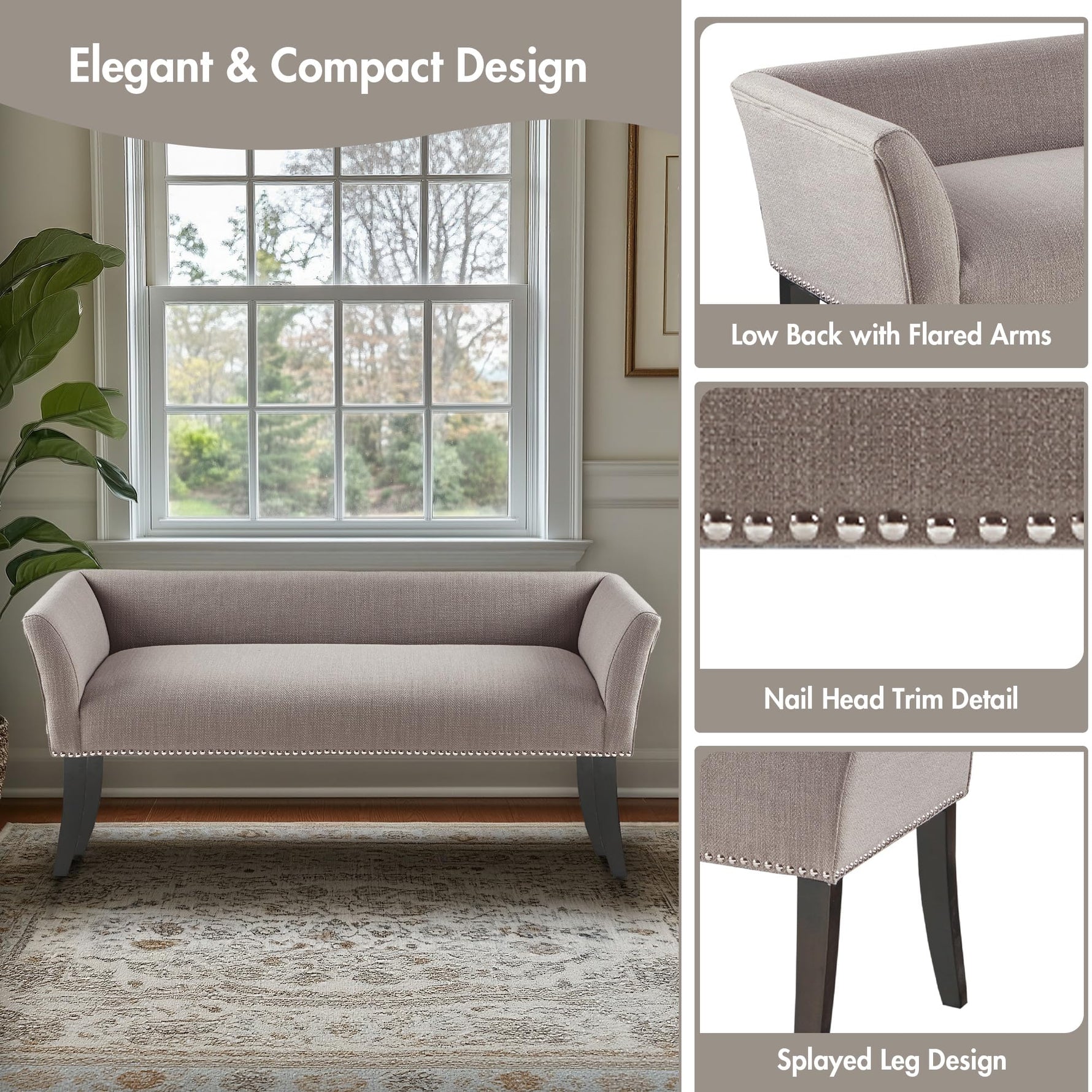 Madison Park Accent Bench, Upholstered with Nailhead Trim, & Padded Seat Entryway Bench Small, End of Bed Bench with Back, 49.5" W x 19.25" D x 23" H, Grey