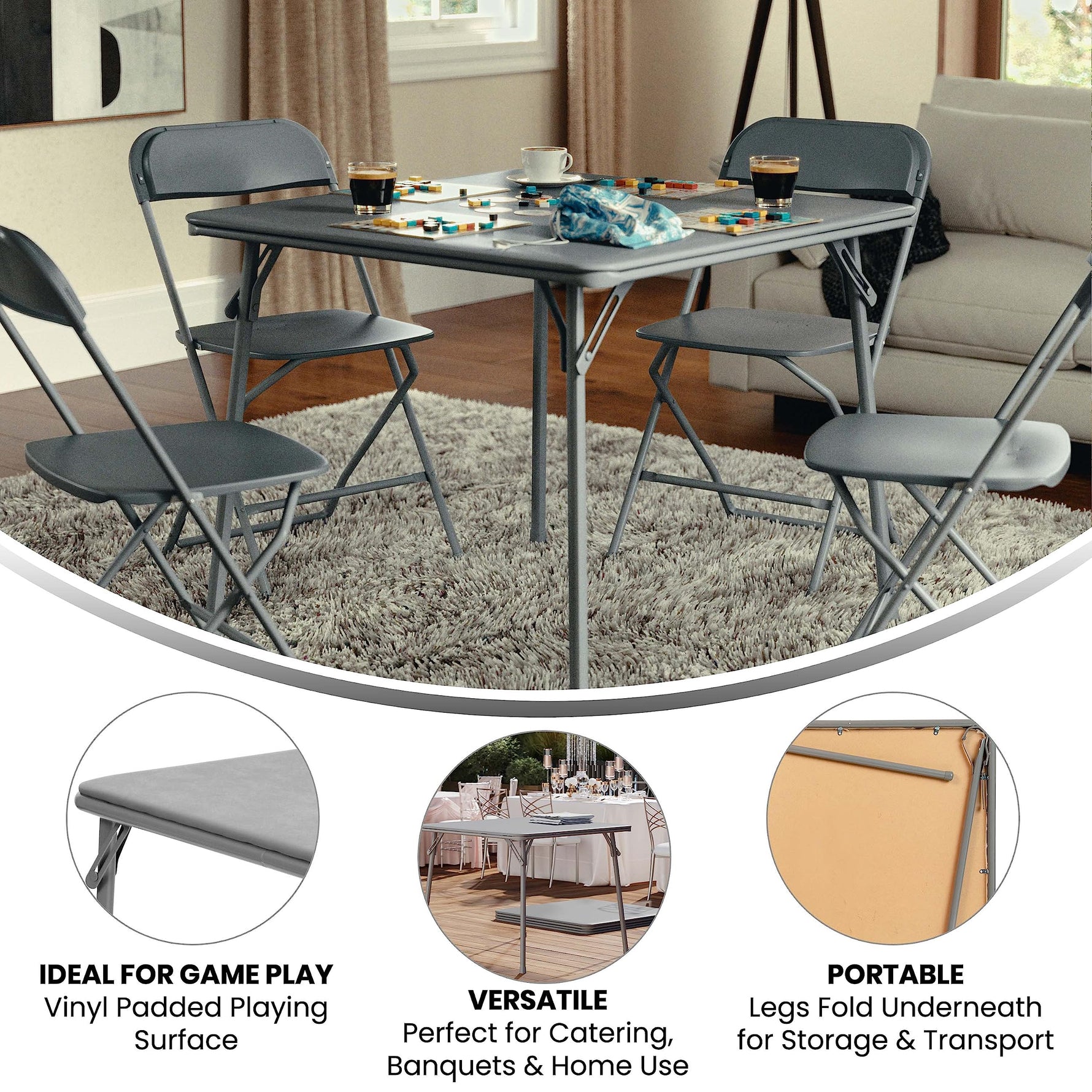 Flash Furniture Madelyn 33.5" Square Folding Multipurpose Card Table with Padded Vinyl Top, Portable Folding Game Table for 4 Players, Black
