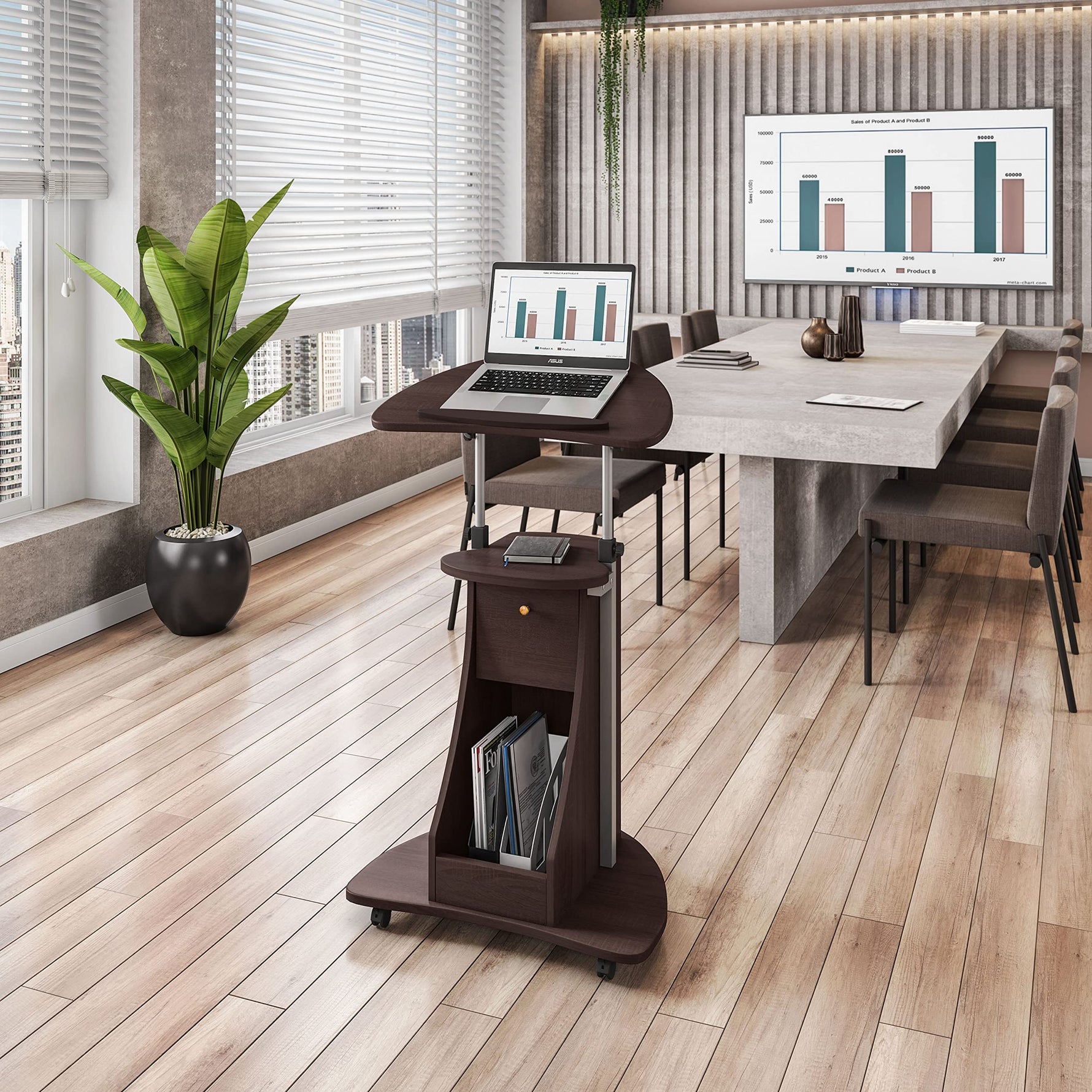 Techni Mobili Sit-to-Stand Rolling Adjustable Height Laptop Cart with Storage, Graphite, 22 x 16 x 46