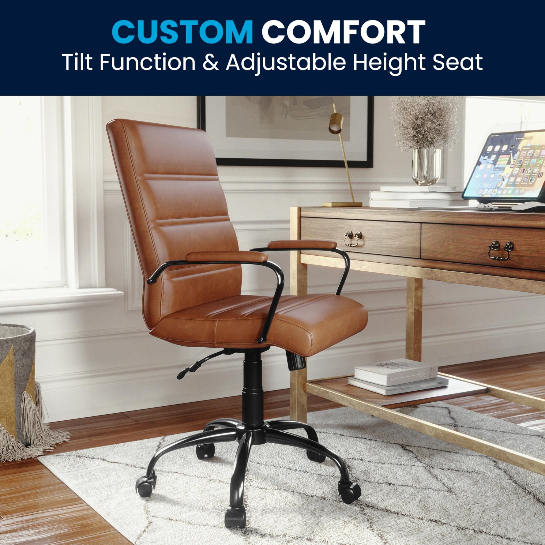 Flash Furniture Whitney Mid-Back Swivel LeatherSoft Desk Chair with Wheels, Padded Seat and Armrests, Adjustable Height Padded Office Chair, Black