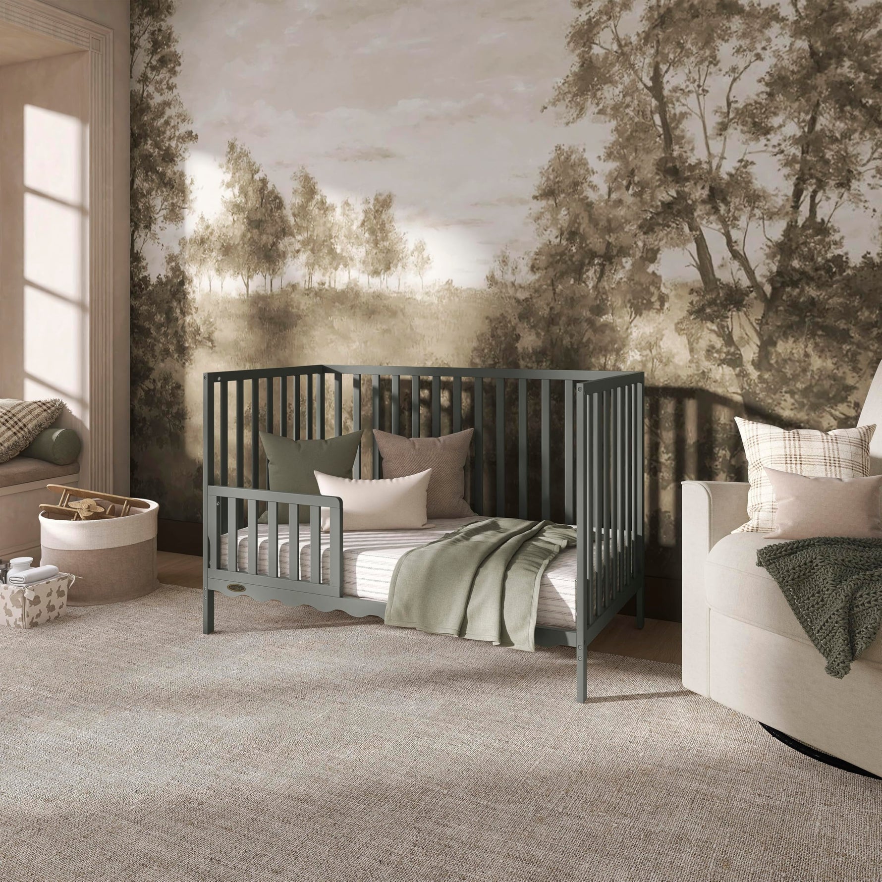 Dream On Me Synergy 5-in-1 Convertible Full-Size Baby Crib with Toddler, Day & Full Bed Conversion in White, GreenGuard Gold & BSA, 3 Mattress Heights, Sustainable Pinewood