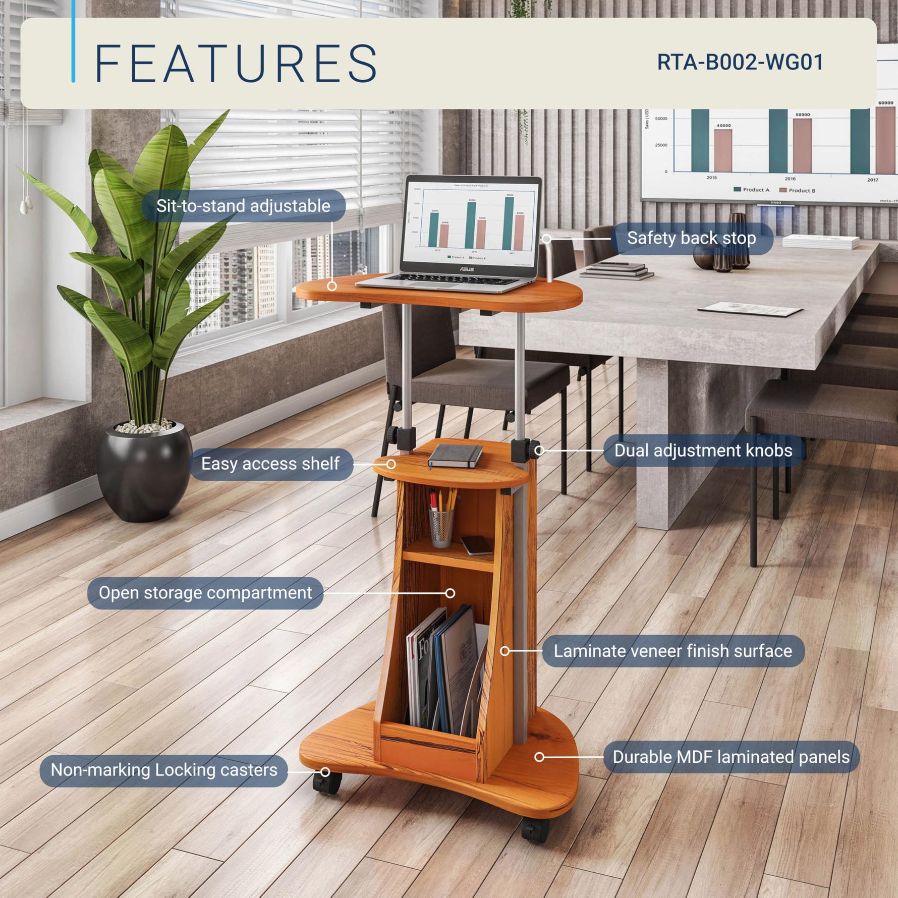 Techni Mobili Sit-to-Stand Rolling Adjustable Height Laptop Cart with Storage, Graphite, 22 x 16 x 46