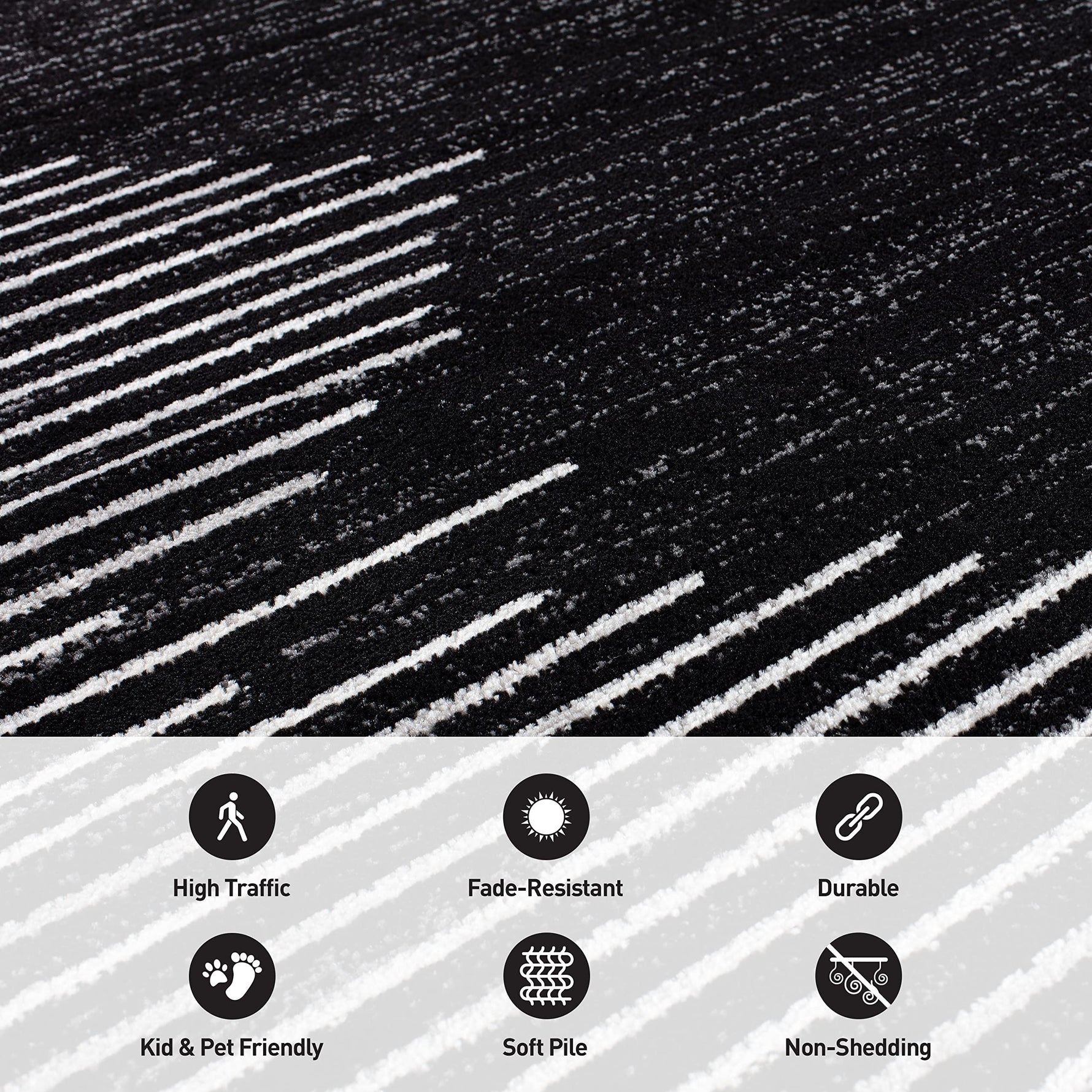 Rugshop Bohemian Stripe Stain Resistant Carpet High Traffic for Hallway Entryway Living Room Kitchen Bedroom Laundry Runner Rug 2' x 7' Black