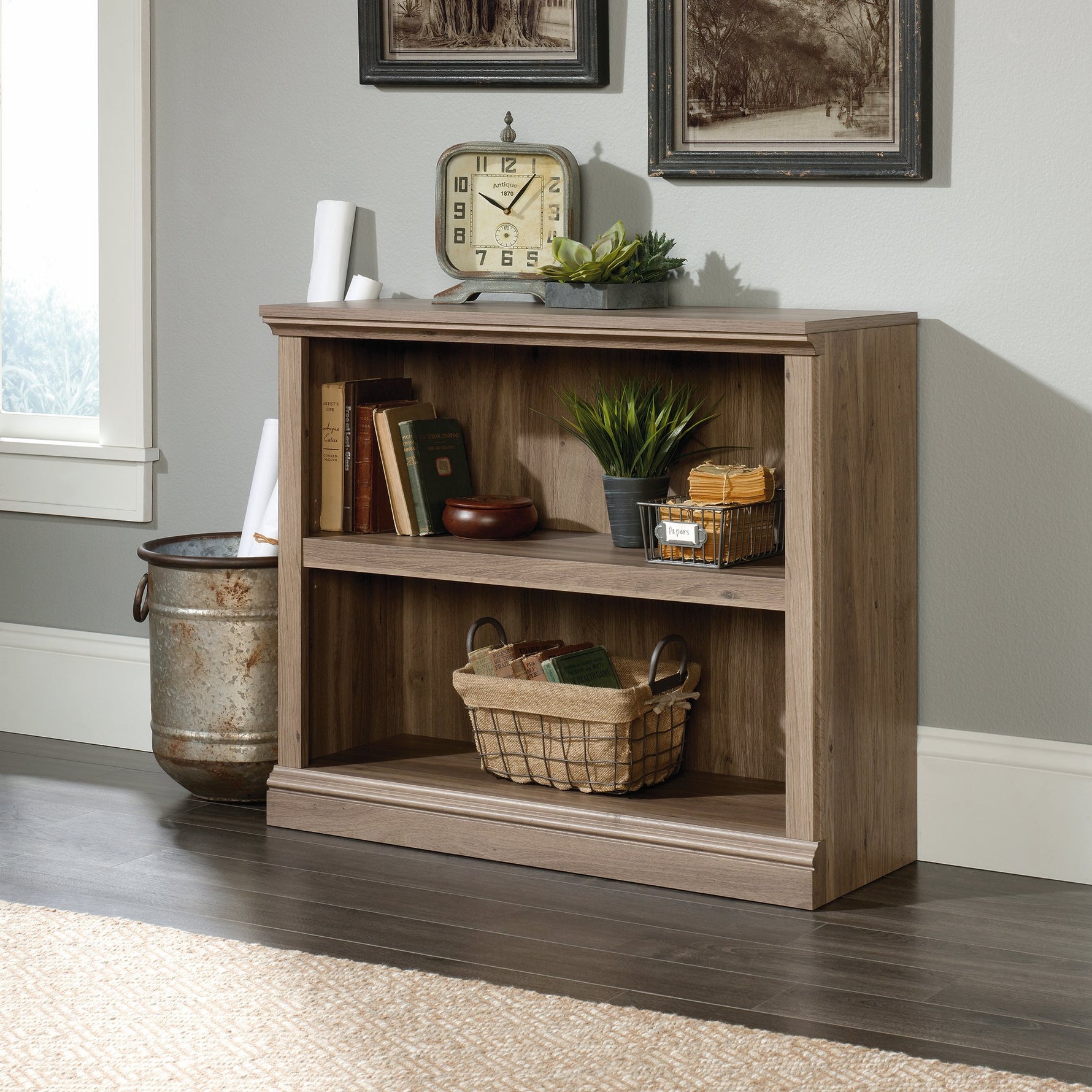 Sauder 2 Tier Book Shelf Wooden Bookcase Multipurpose Bookshelf for Home Office, Living Room, in Salt Oak