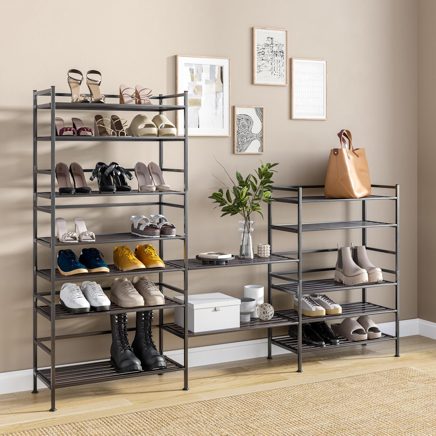 3-Tier Stackable 1" Slat Steel Frame Shoe Rack, 27.25"W x 12.75"D, Espresso | Interlocking modular design maximizes storage while the sturdy steel frame holds up to 12 pairs of shoes (Patented Design)