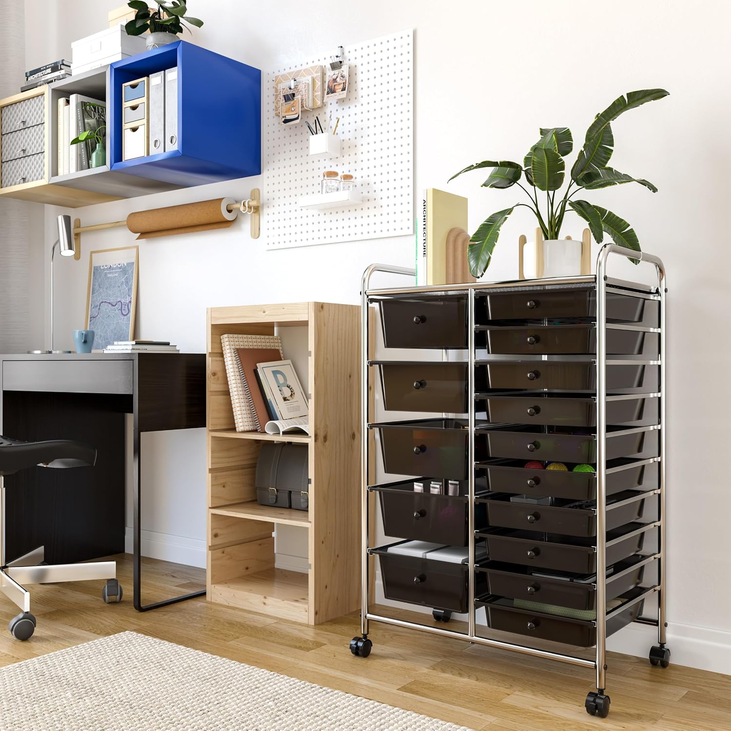 Seville Classics Rolling Utility Organizer Storage Cart , for Home Office, School, Classroom, Scrapbook, Hobby, Craft, 15 Drawer, Black