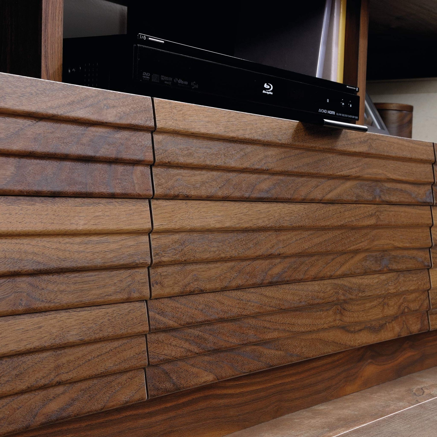 Sauder Harvey Park Modern TV Stand Media Console Credenza with Drawers and Storage Shelves, in Raven Oak