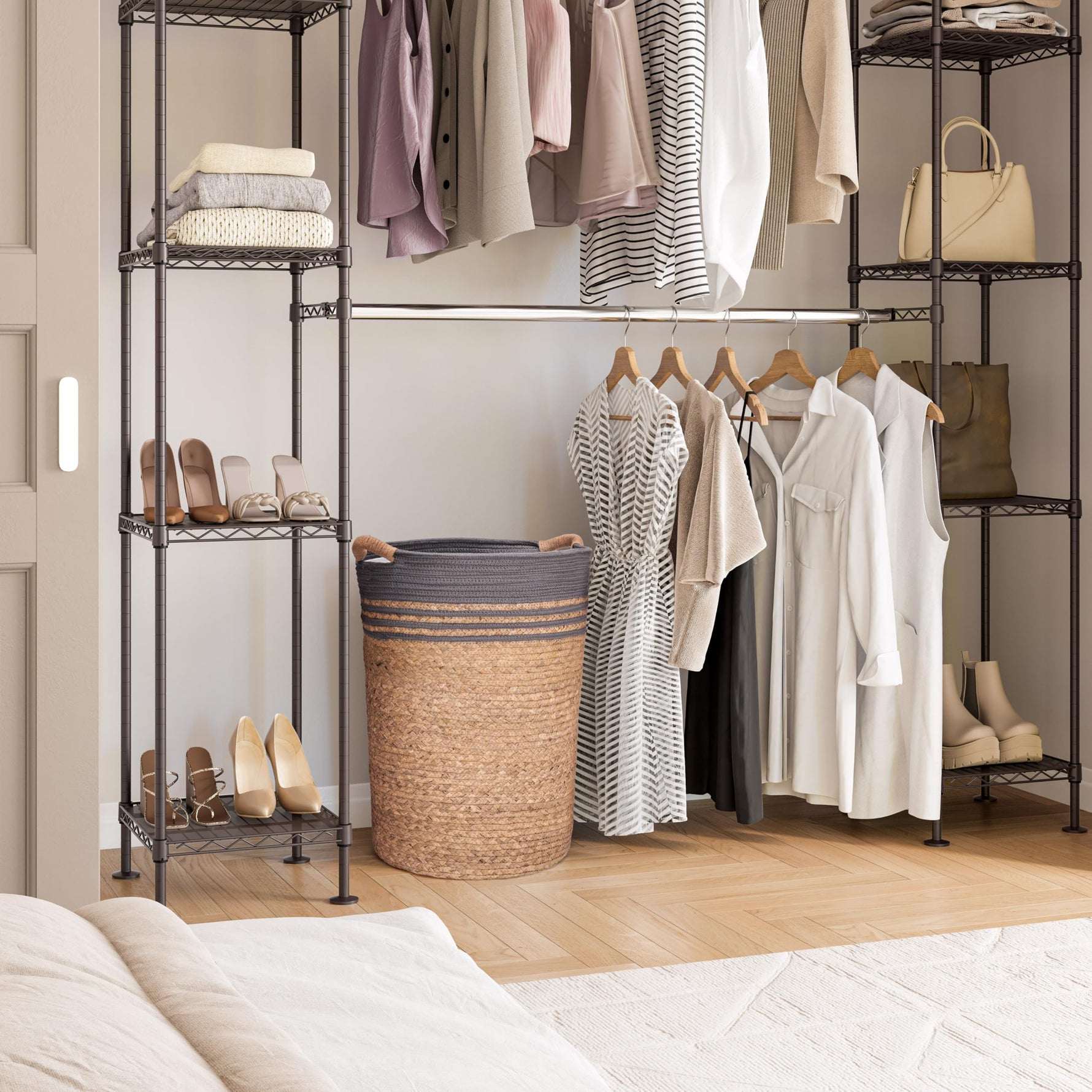 Seville Classics Premium Natural Handwoven Portable Laundry Bin Basket with Carrying Handles, Household Storage for Clothes, Linens, Sheets, Natural Water Hyacinth and Gray Rope, 3 Piece Set