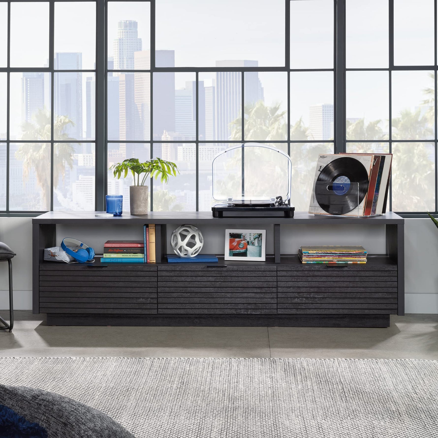 Sauder Harvey Park Modern TV Stand Media Console Credenza with Drawers and Storage Shelves, in Raven Oak