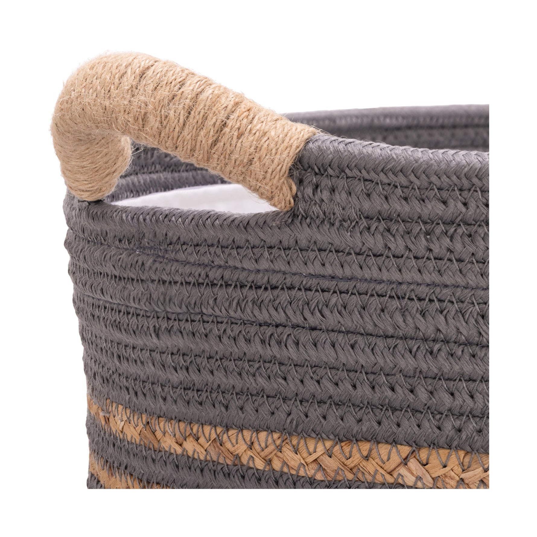 Seville Classics Premium Natural Handwoven Portable Laundry Bin Basket with Carrying Handles, Household Storage for Clothes, Linens, Sheets, Natural Water Hyacinth and Gray Rope, 3 Piece Set
