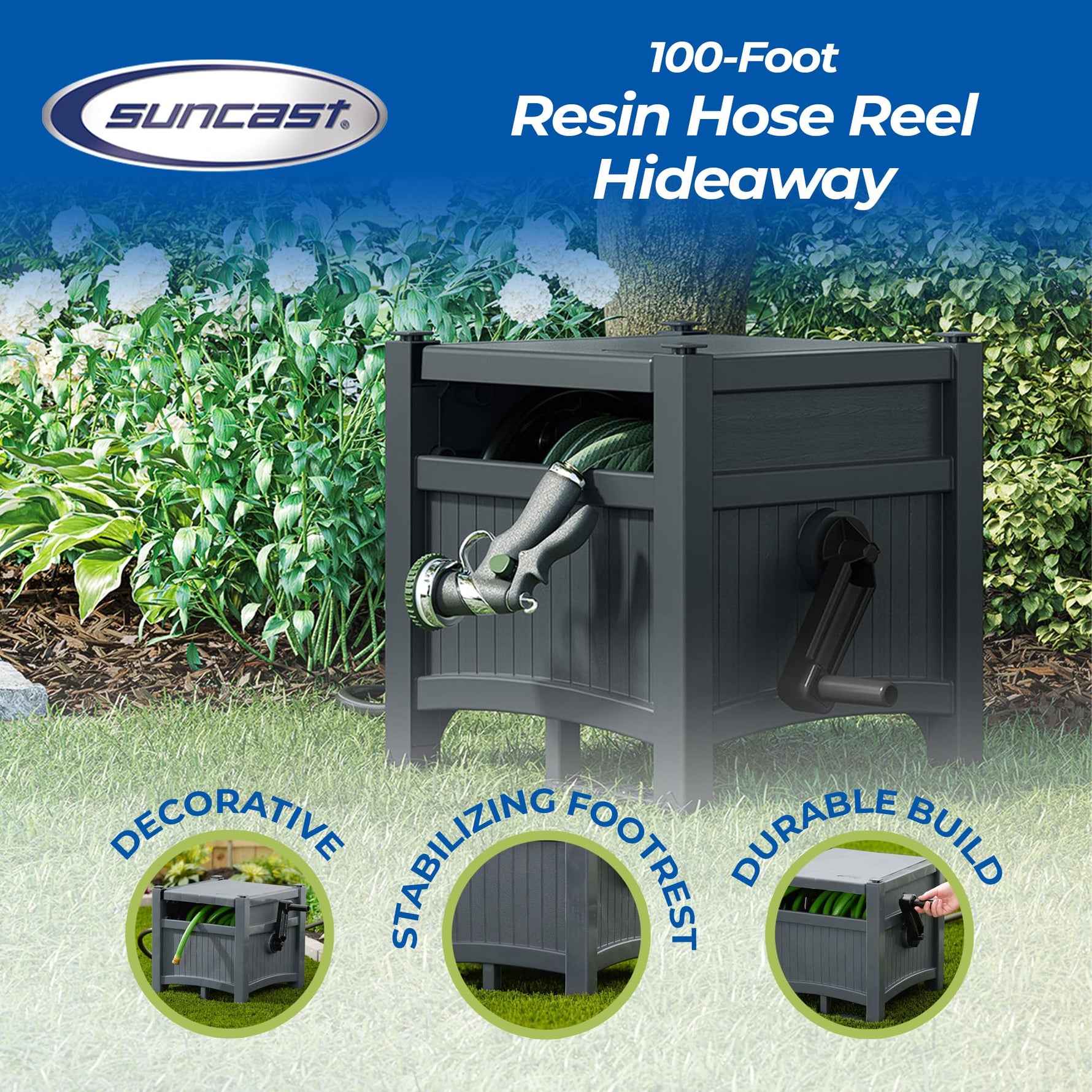 Suncast Garden Hose Hideaway Storage Reel Box, Cyberspace Grey – Resin Outdoor Container, Holds up to 100 Feet of 5/8 Inch Standard Vinyl Water Line – No Assembly Required