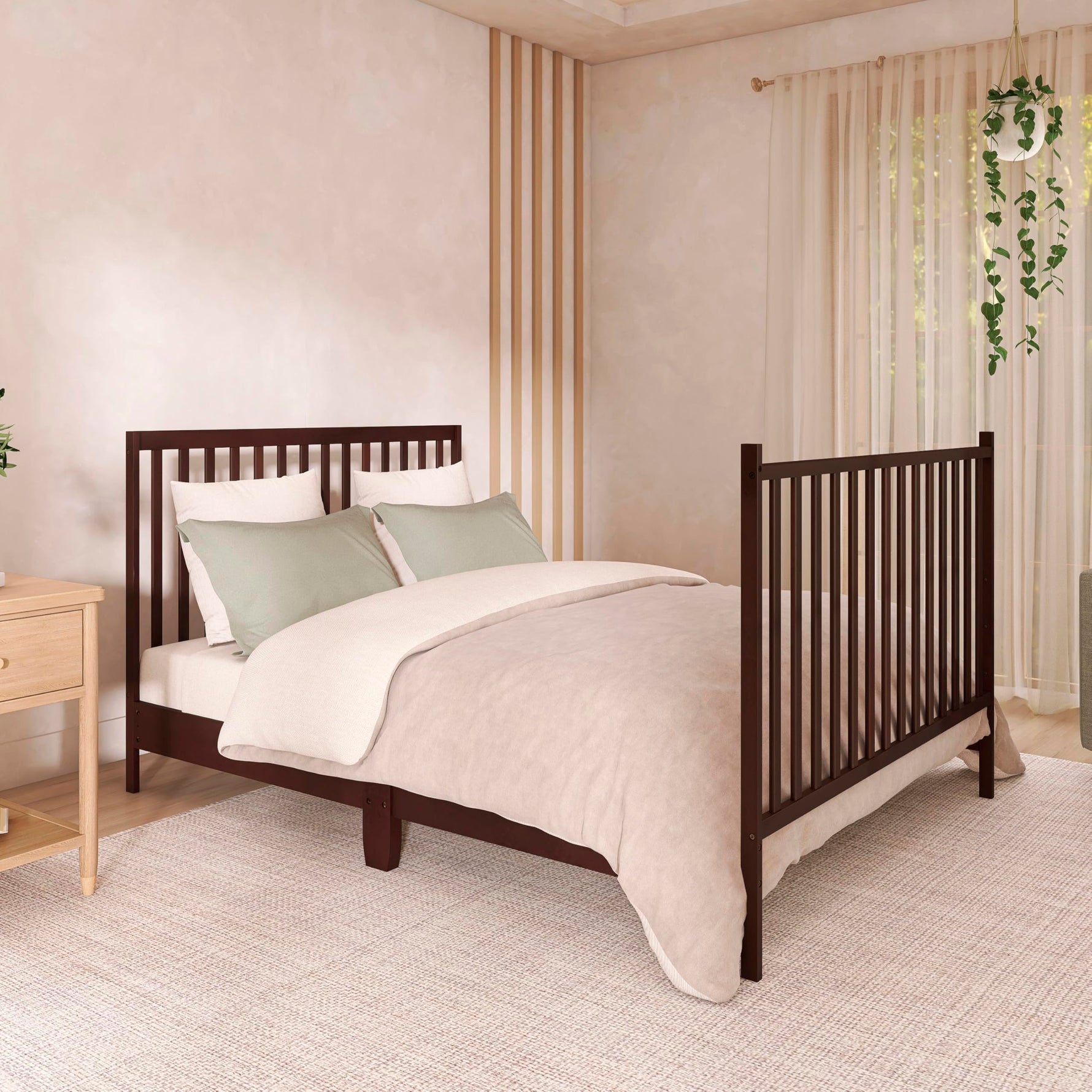 Dream On Me Synergy 5-in-1 Convertible Full-Size Baby Crib with Toddler, Day & Full Bed Conversion in White, GreenGuard Gold & BSA, 3 Mattress Heights, Sustainable Pinewood