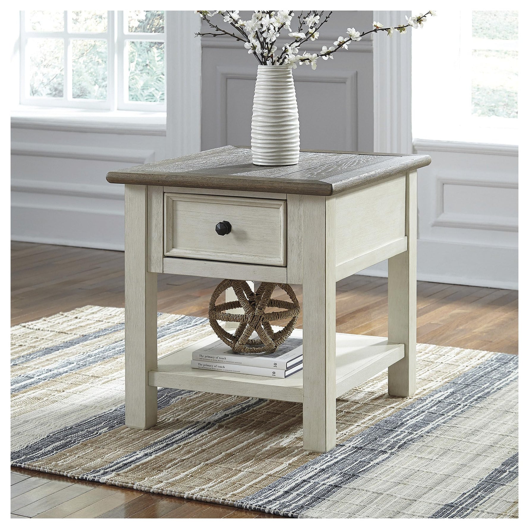 Signature Design by Ashley Bolanburg End Table for Living Room, Two-Tone Distressed Wood Side Table with Smooth-Gliding Drawer, Farmhouse Plank-Style Top, Ideal Night Stand Use, Antique White/Oak