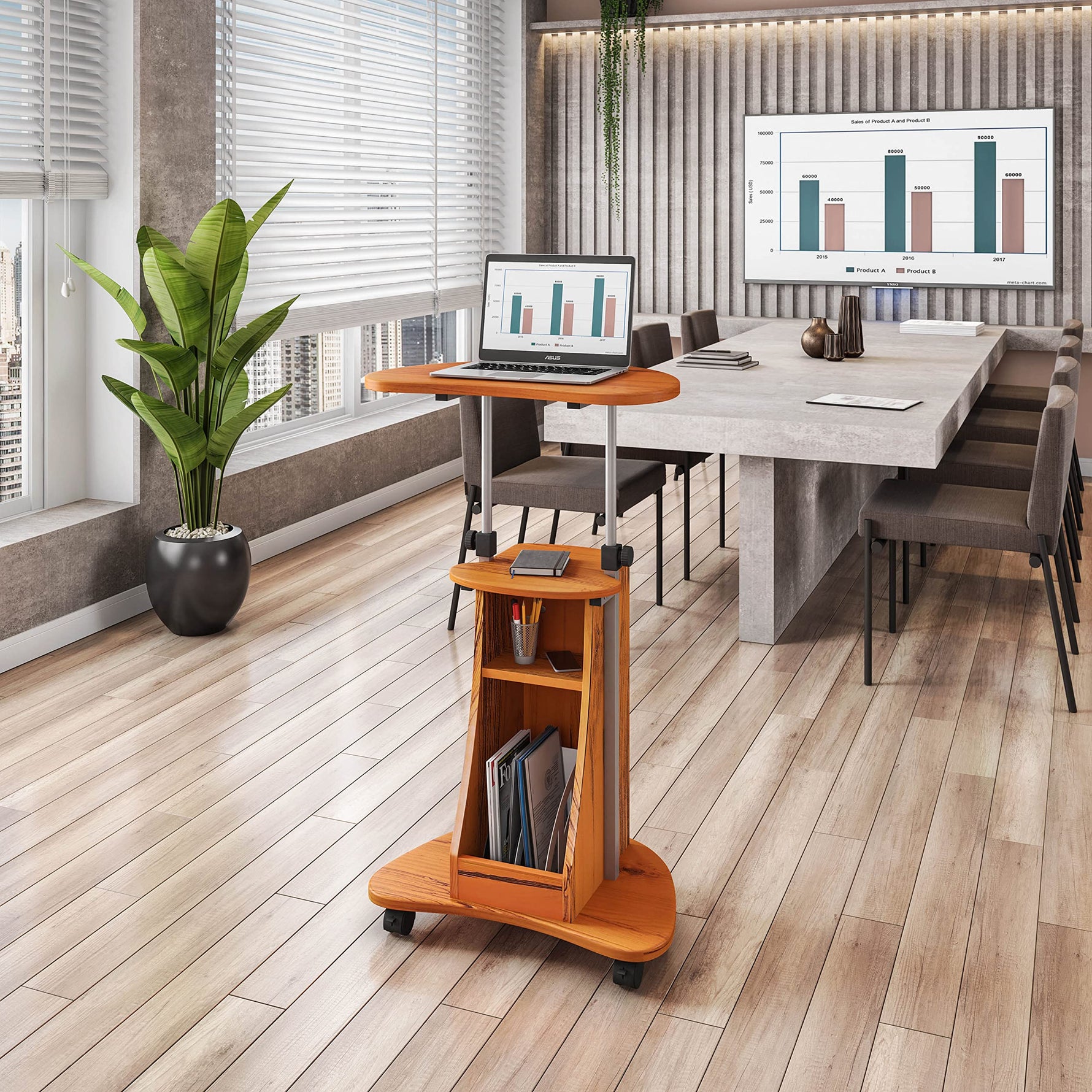 Techni Mobili Sit-to-Stand Rolling Adjustable Height Laptop Cart with Storage, Graphite, 22 x 16 x 46
